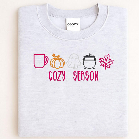Cozy Season Embroidery Sweatshirt | Fall Pumpkin Ghost Leaf Coffee Sweater | Autumn Halloween Cozy Vibes Pullover for Women