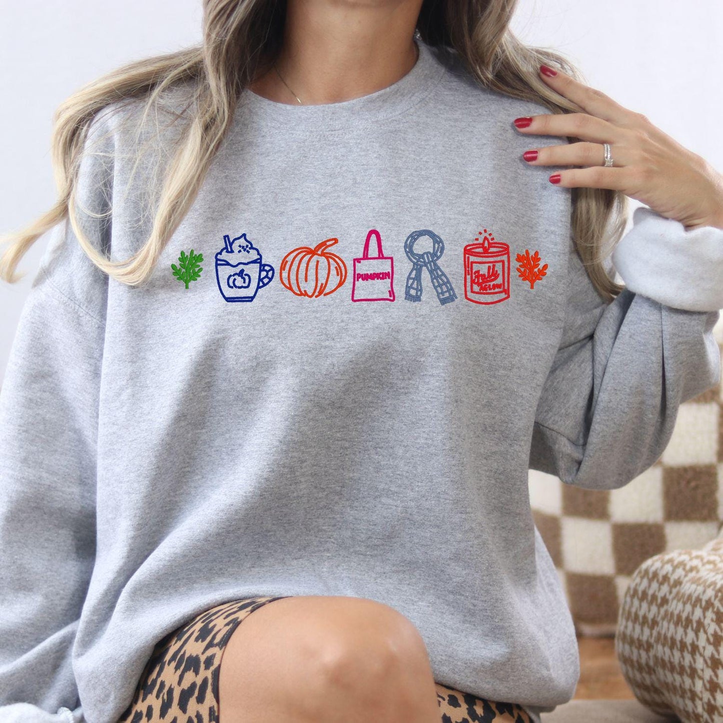 Fall Embroidery Sweatshirt | Autumn Pumpkin Latte Candle Leaf Cozy Season Pullover | Colorful Outline Fall Vibes Shirt for Women