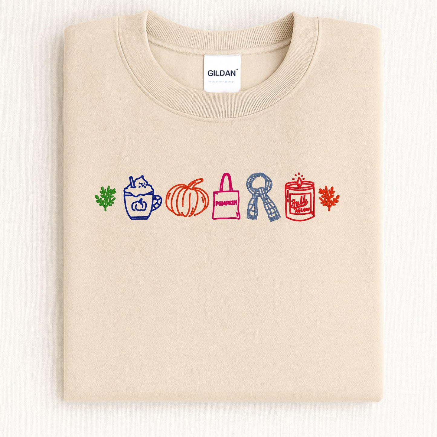 Fall Embroidery Sweatshirt | Autumn Pumpkin Latte Candle Leaf Cozy Season Pullover | Colorful Outline Fall Vibes Shirt for Women