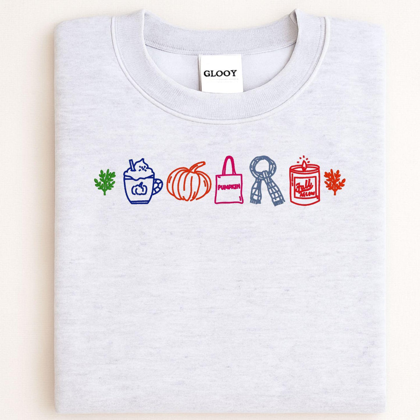 Fall Embroidery Sweatshirt | Autumn Pumpkin Latte Candle Leaf Cozy Season Pullover | Colorful Outline Fall Vibes Shirt for Women