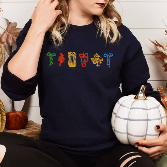 Cozy Fall Embroidery Sweatshirt | Autumn Leaf and Pumpkin Design | Colorful Seasonal Pullover | Thanksgiving Gift for Women and Friends