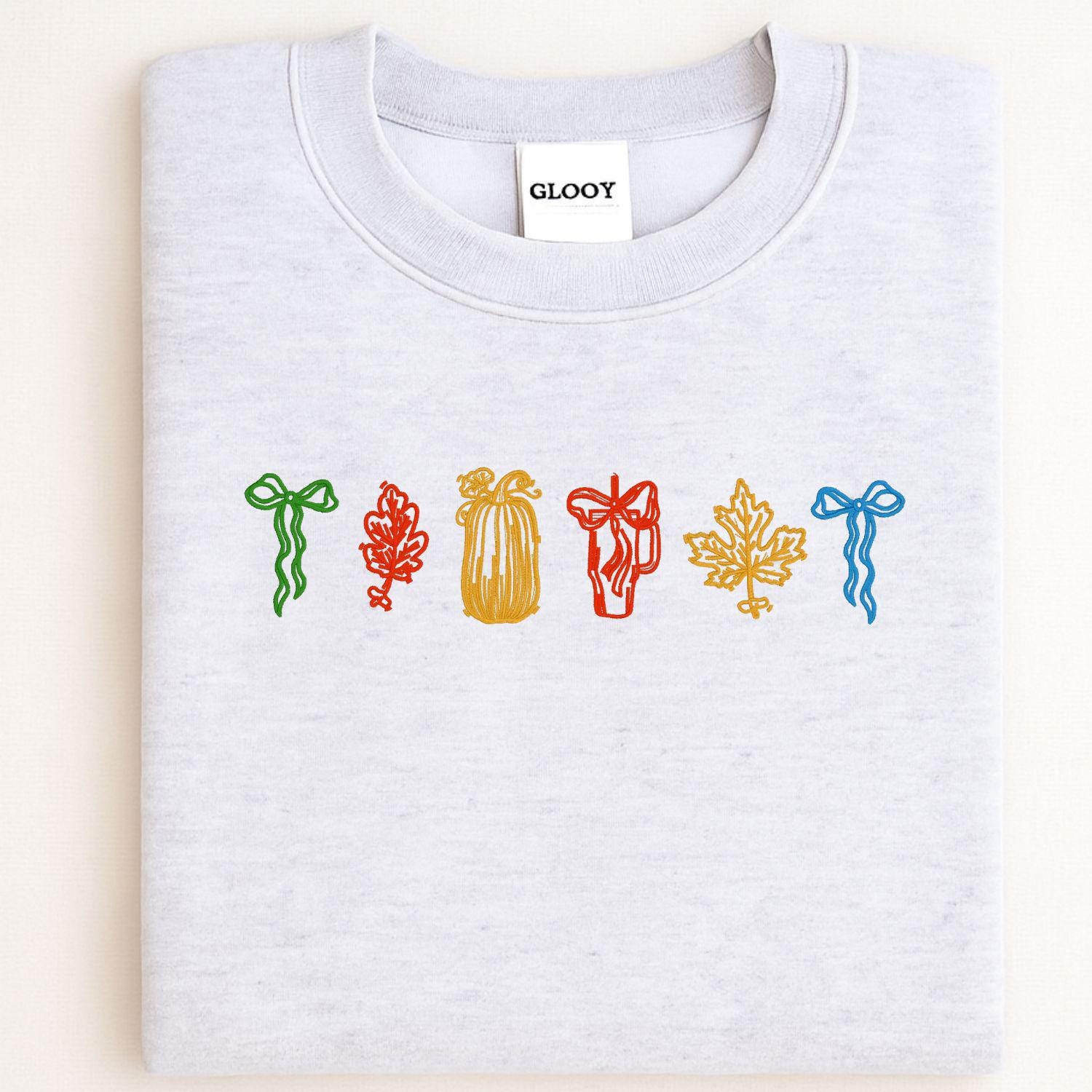 Cozy Fall Embroidery Sweatshirt | Autumn Leaf and Pumpkin Design | Colorful Seasonal Pullover | Thanksgiving Gift for Women and Friends