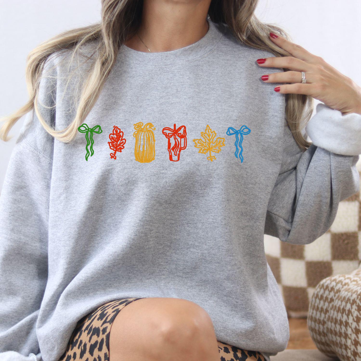 Cozy Fall Embroidery Sweatshirt | Autumn Leaf and Pumpkin Design | Colorful Seasonal Pullover | Thanksgiving Gift for Women and Friends