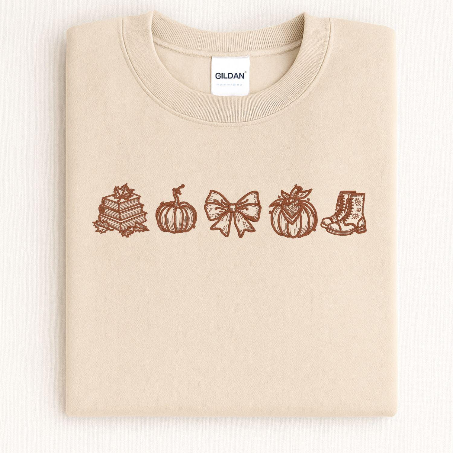 Fall Embroidery Sweatshirt Autumn Pumpkin Books Cozy Bow Boots Outline Stitch Crewneck Gift for Her Seasonal Pullover Comfort Wear