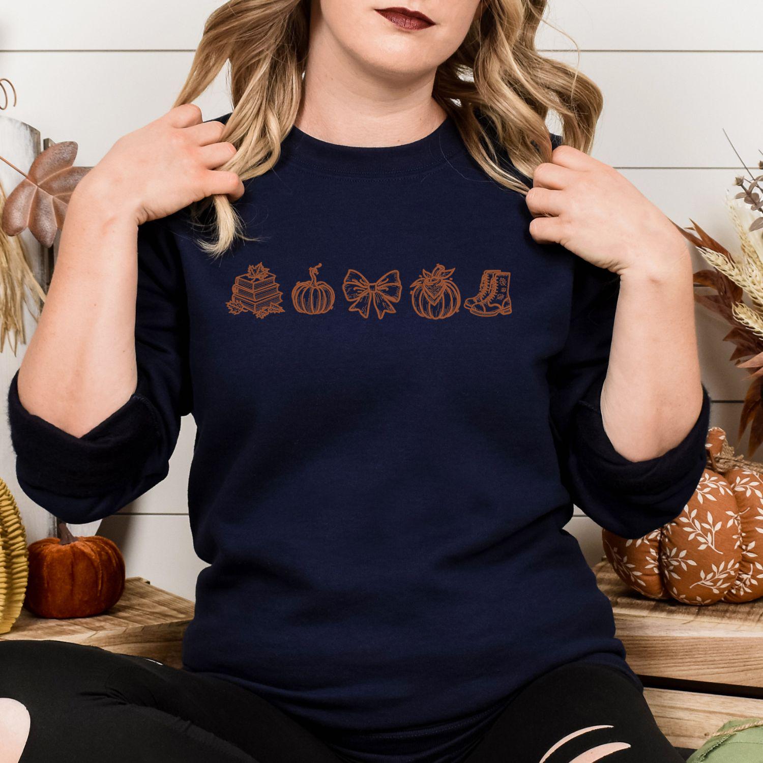 Fall Embroidery Sweatshirt Autumn Pumpkin Books Cozy Bow Boots Outline Stitch Crewneck Gift for Her Seasonal Pullover Comfort Wear