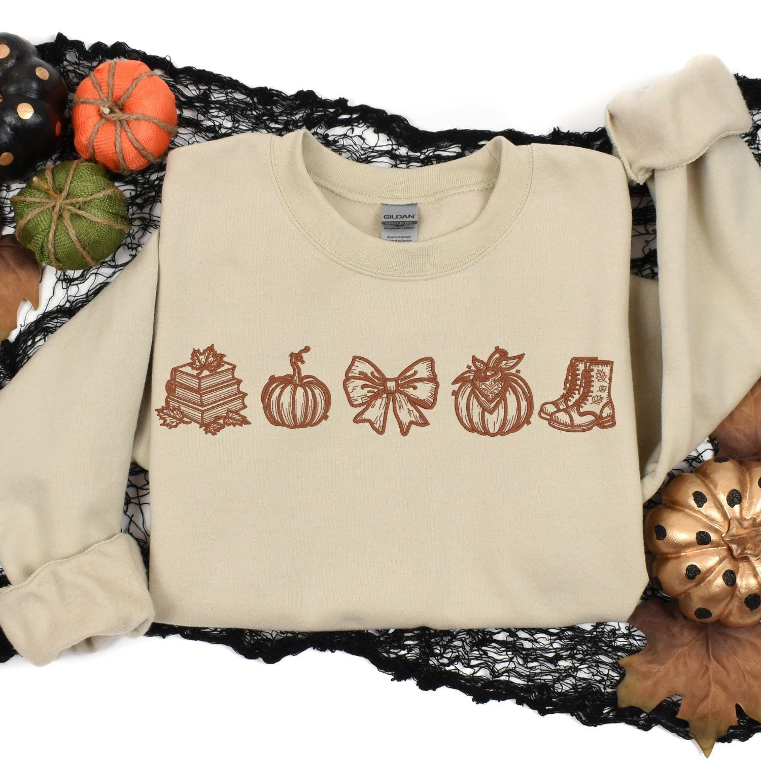 Fall Embroidery Sweatshirt Autumn Pumpkin Books Cozy Bow Boots Outline Stitch Crewneck Gift for Her Seasonal Pullover Comfort Wear