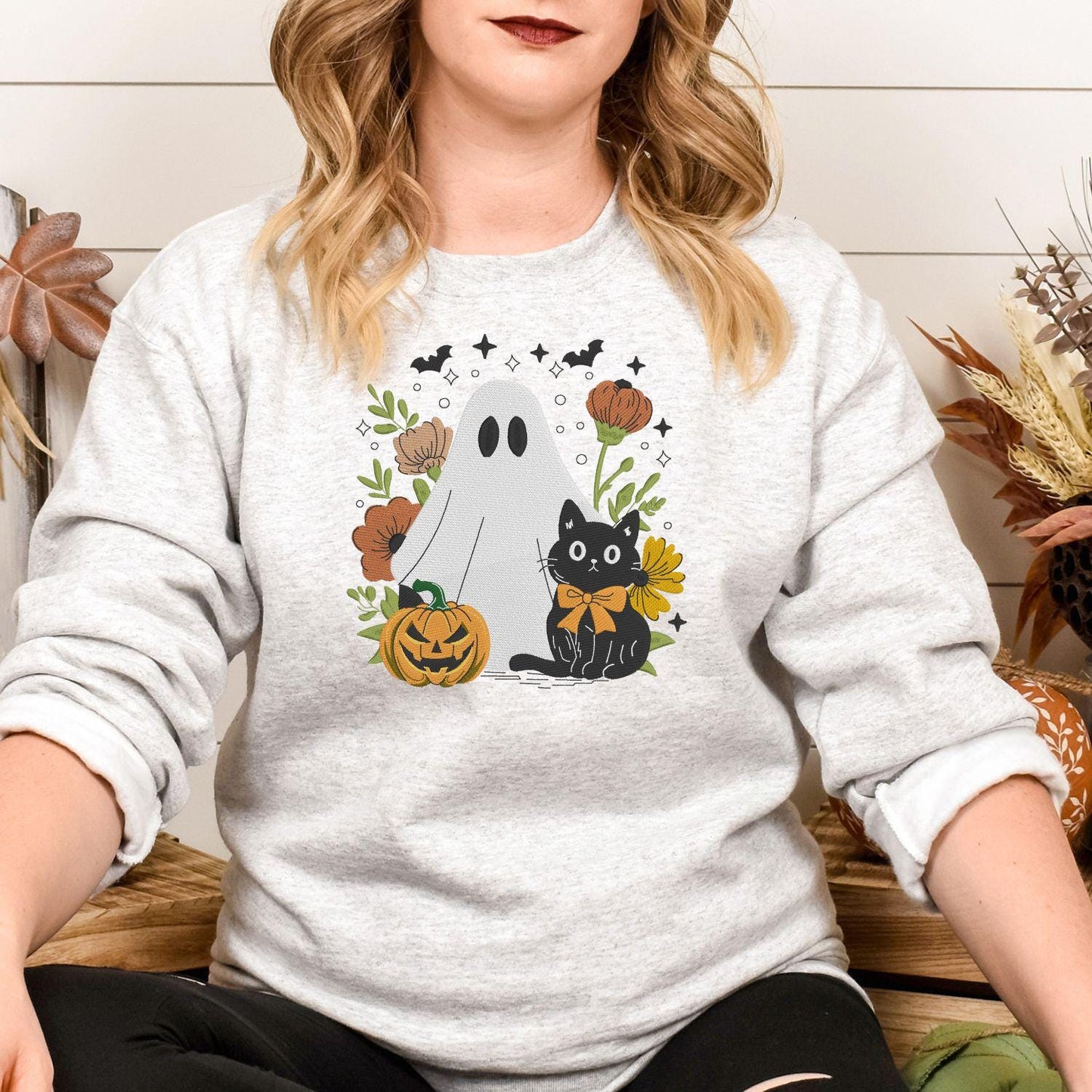 Ghost and Black Cat Embroidery Sweatshirt, Pumpkin Floral Fall Pullover, Spooky Season Cozy Halloween Shirt, Autumn Gift for Her