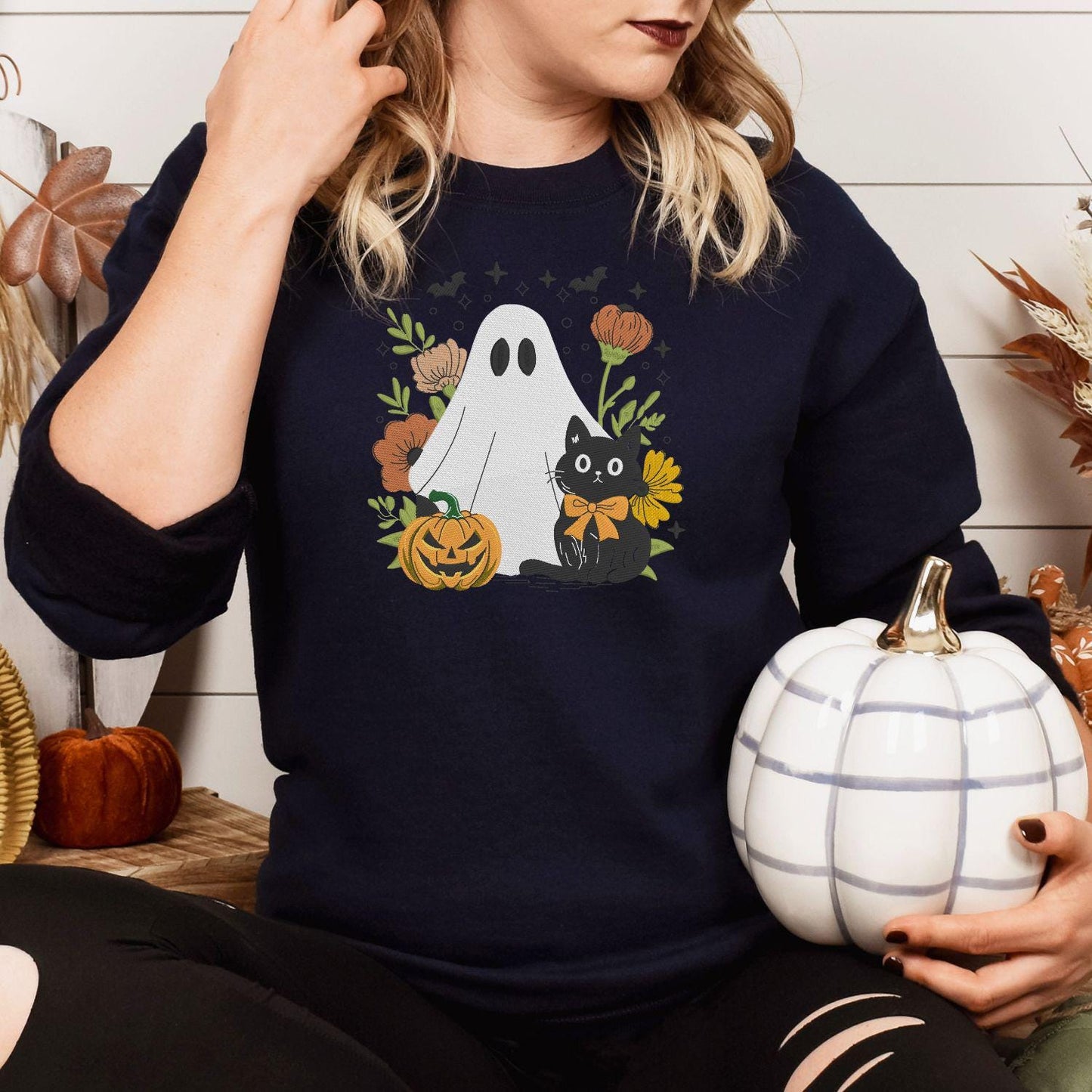 Ghost and Black Cat Embroidery Sweatshirt, Pumpkin Floral Fall Pullover, Spooky Season Cozy Halloween Shirt, Autumn Gift for Her