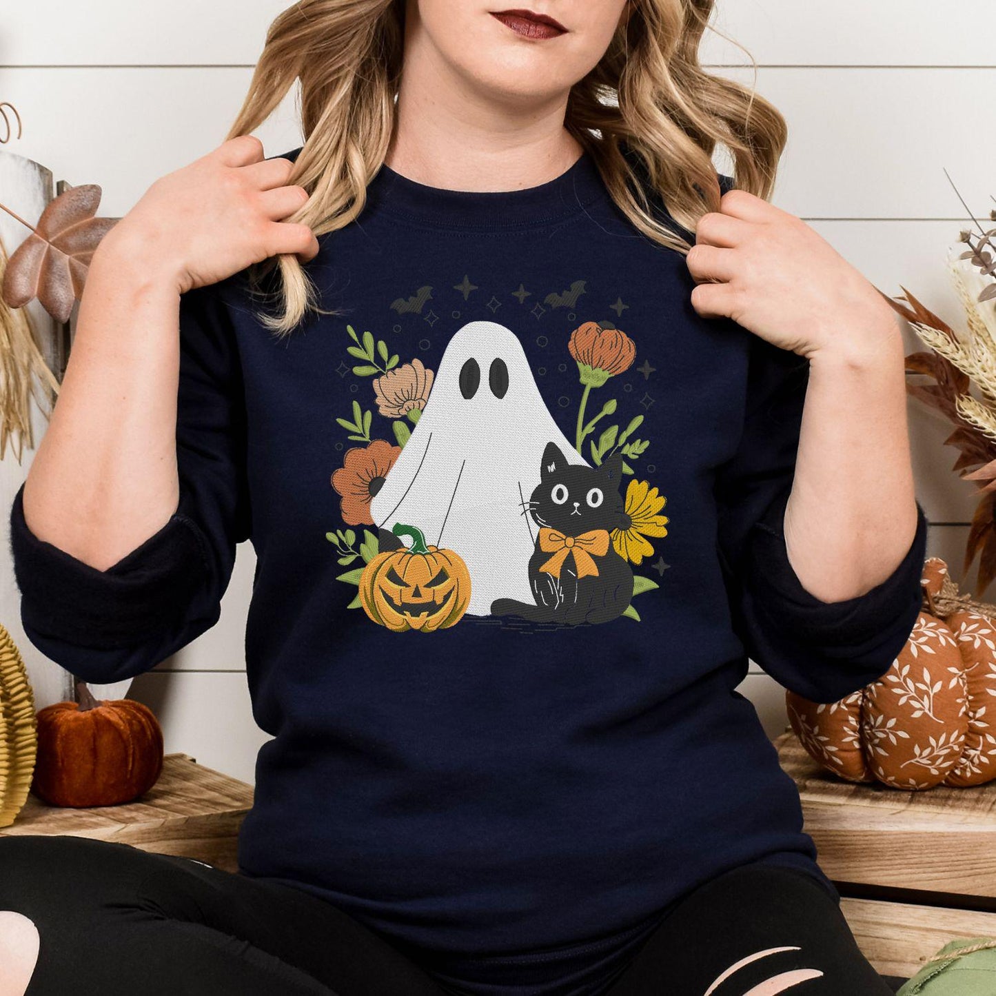 Ghost and Black Cat Embroidery Sweatshirt, Pumpkin Floral Fall Pullover, Spooky Season Cozy Halloween Shirt, Autumn Gift for Her