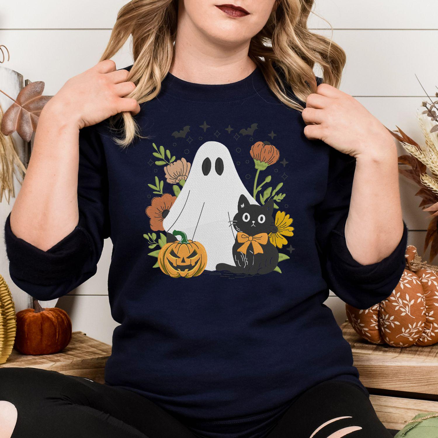 Ghost and Black Cat Embroidery Sweatshirt, Pumpkin Floral Fall Pullover, Spooky Season Cozy Halloween Shirt, Autumn Gift for Her