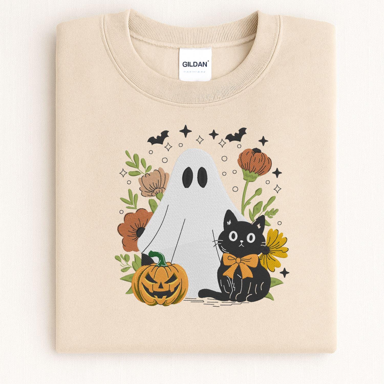 Ghost and Black Cat Embroidery Sweatshirt, Pumpkin Floral Fall Pullover, Spooky Season Cozy Halloween Shirt, Autumn Gift for Her