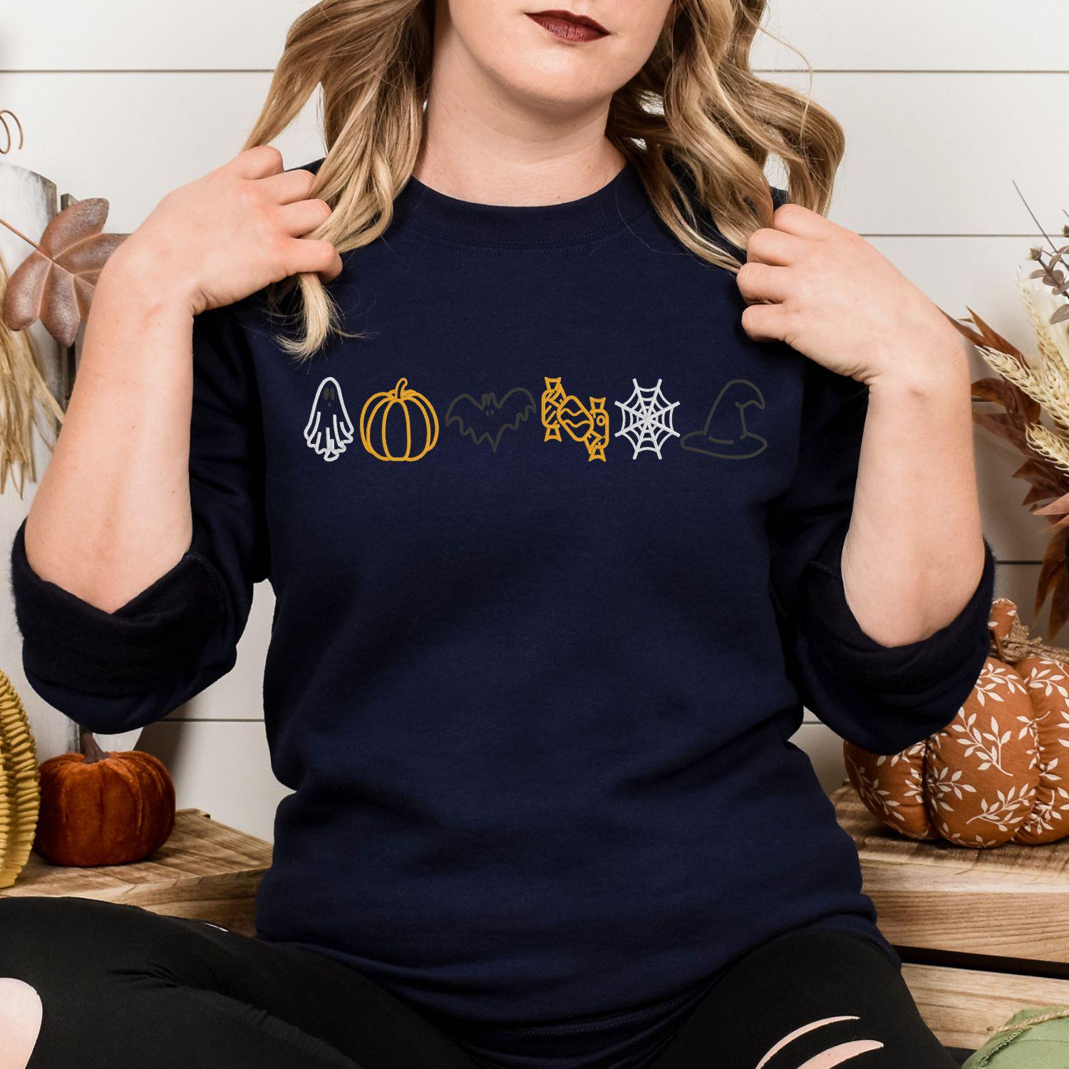 Ghost Pumpkin Bat Candy Web Hat Embroidery Sweatshirt | Fall Halloween Pullover | Cozy Autumn Boho Spooky Season Shirt