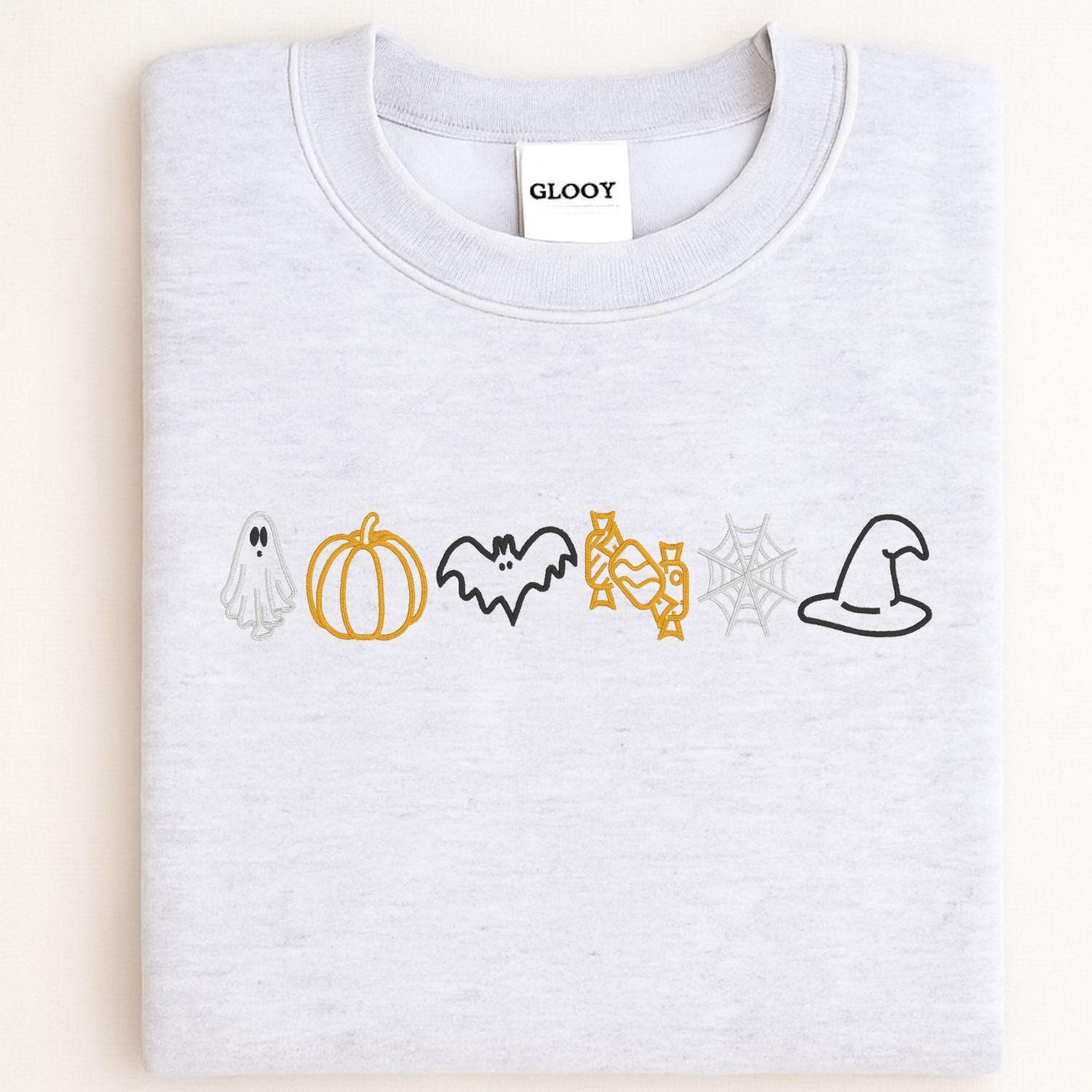 Ghost Pumpkin Bat Candy Web Hat Embroidery Sweatshirt | Fall Halloween Pullover | Cozy Autumn Boho Spooky Season Shirt