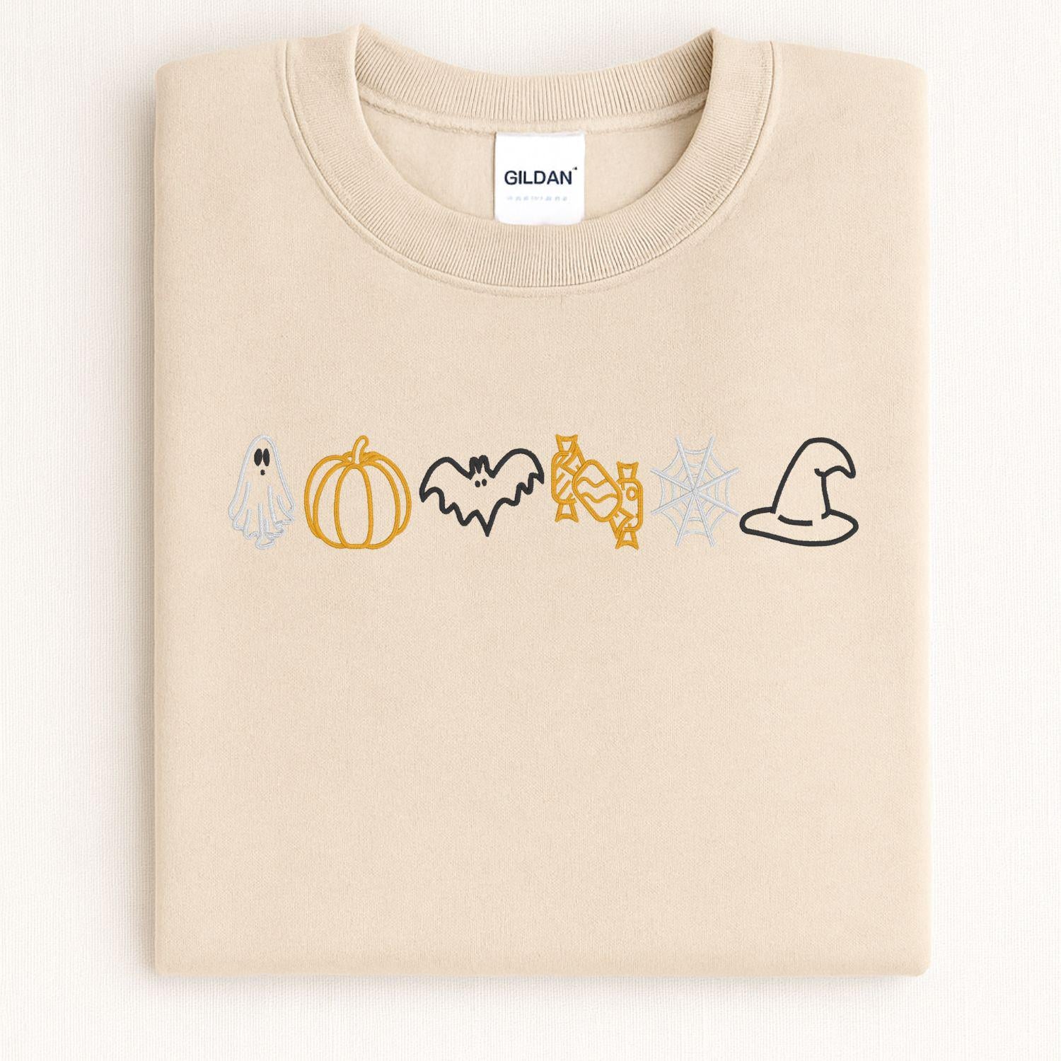 Ghost Pumpkin Bat Candy Web Hat Embroidery Sweatshirt | Fall Halloween Pullover | Cozy Autumn Boho Spooky Season Shirt