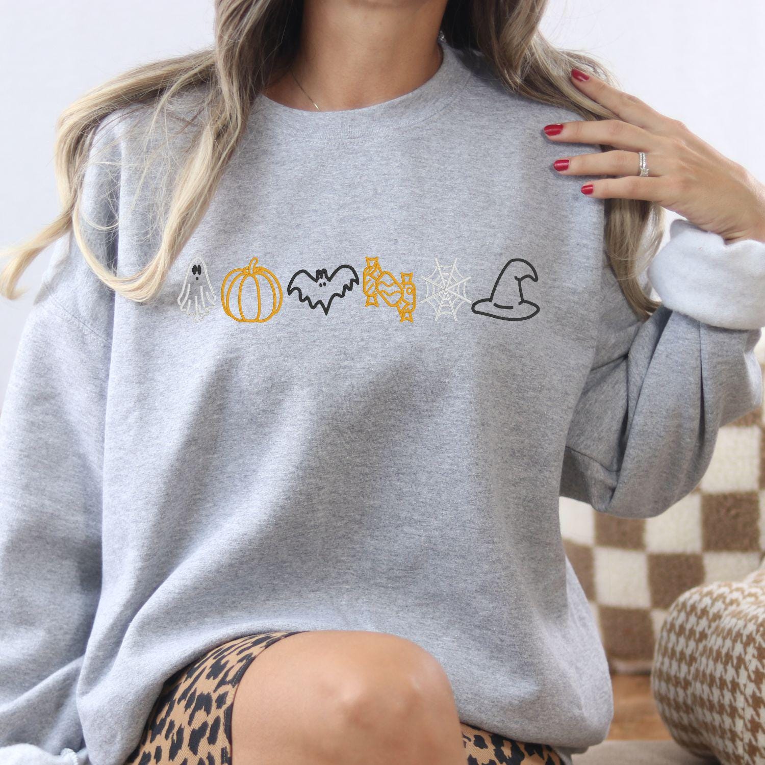 Ghost Pumpkin Bat Candy Web Hat Embroidery Sweatshirt | Fall Halloween Pullover | Cozy Autumn Boho Spooky Season Shirt