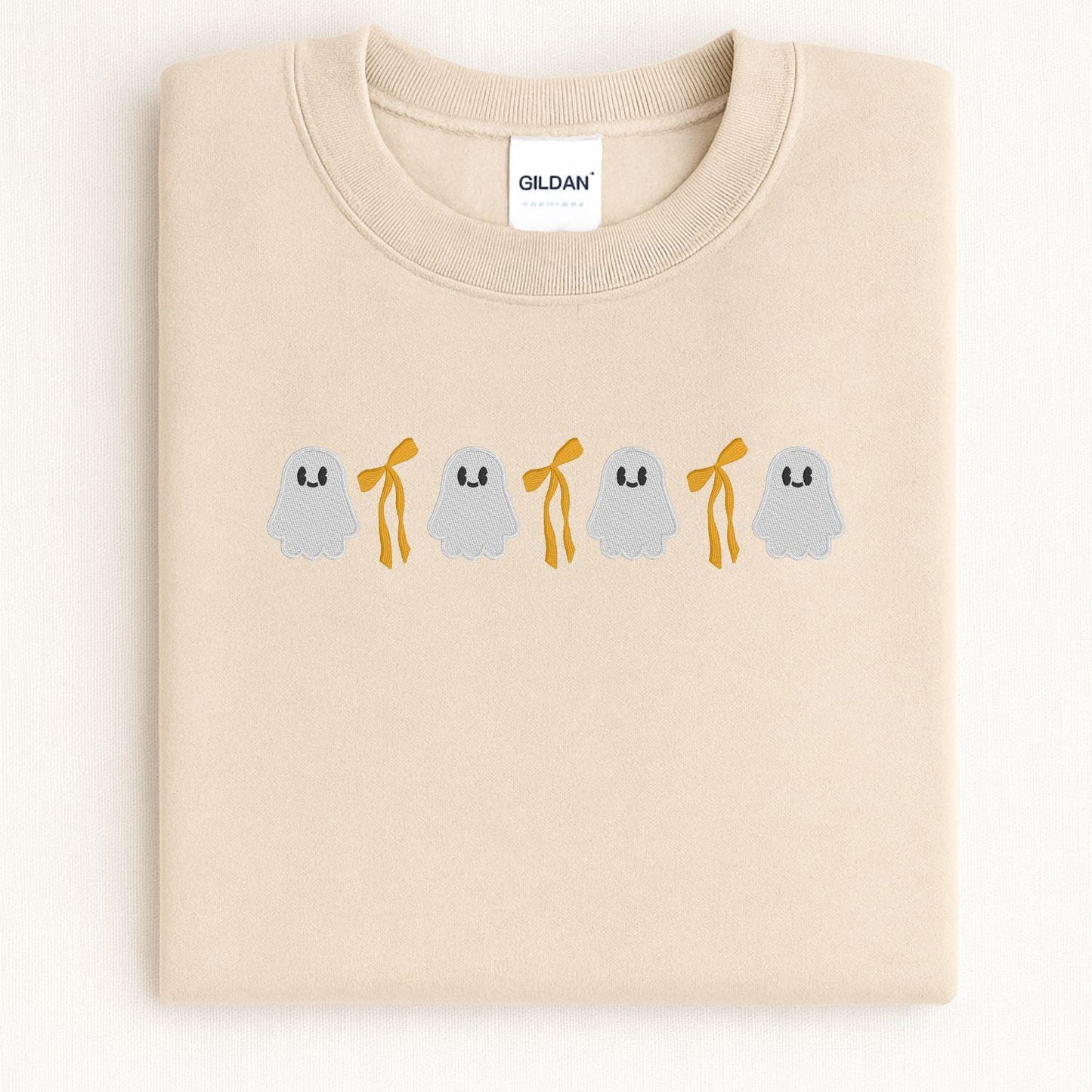 Cute Ghost and Bow Embroidery Sweatshirt • Halloween Crewneck • Fall Ghost Shirt • Cozy Autumn Embroidered Pullover for Women