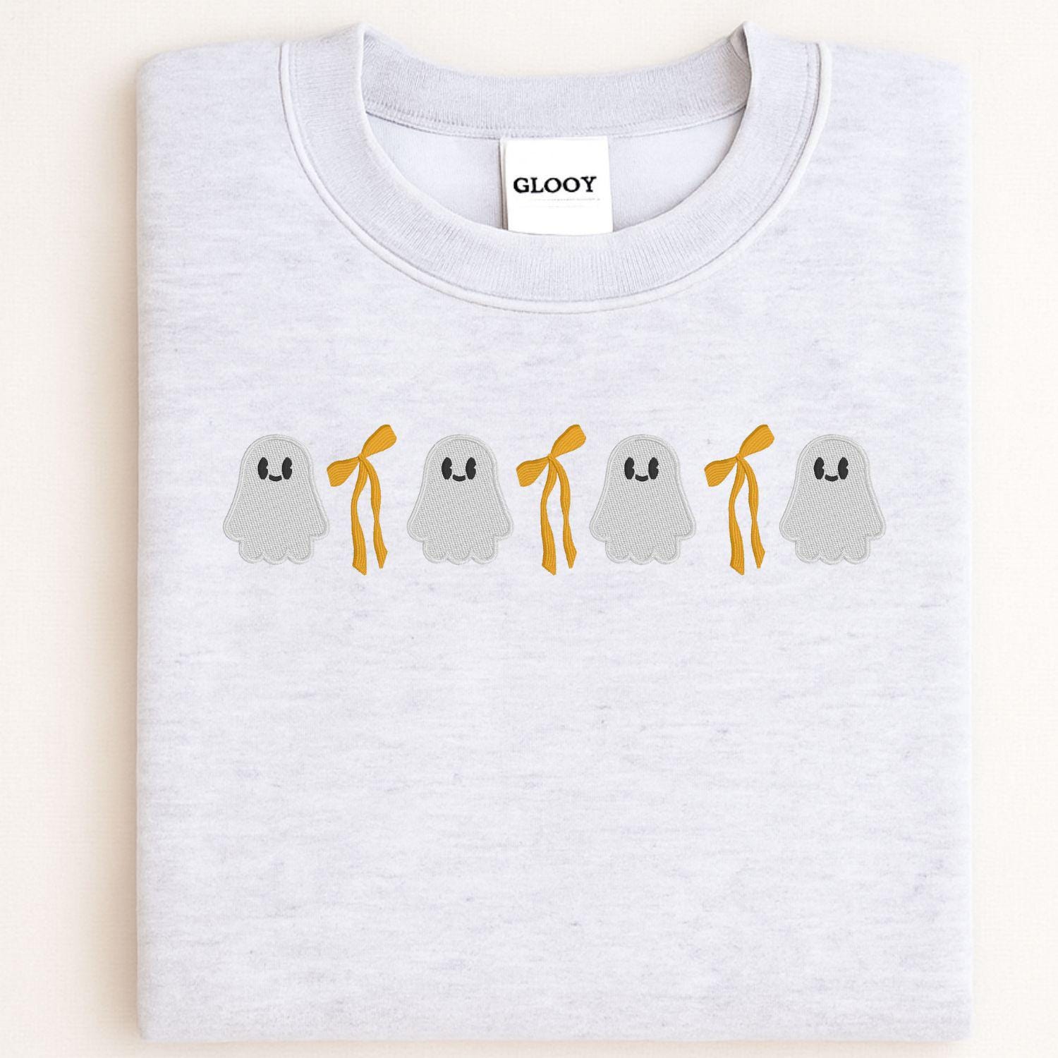 Cute Ghost and Bow Embroidery Sweatshirt • Halloween Crewneck • Fall Ghost Shirt • Cozy Autumn Embroidered Pullover for Women