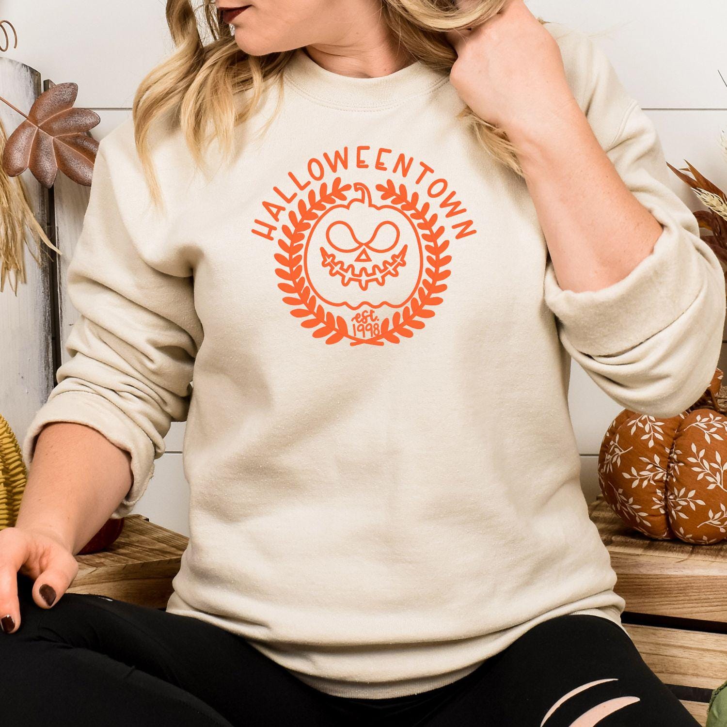 Halloween Pumpkin Face Embroidery Sweatshirt | Spooky Fall Season Crewneck | Cozy Autumn Pumpkin Stitch Shirt for Halloween Lovers