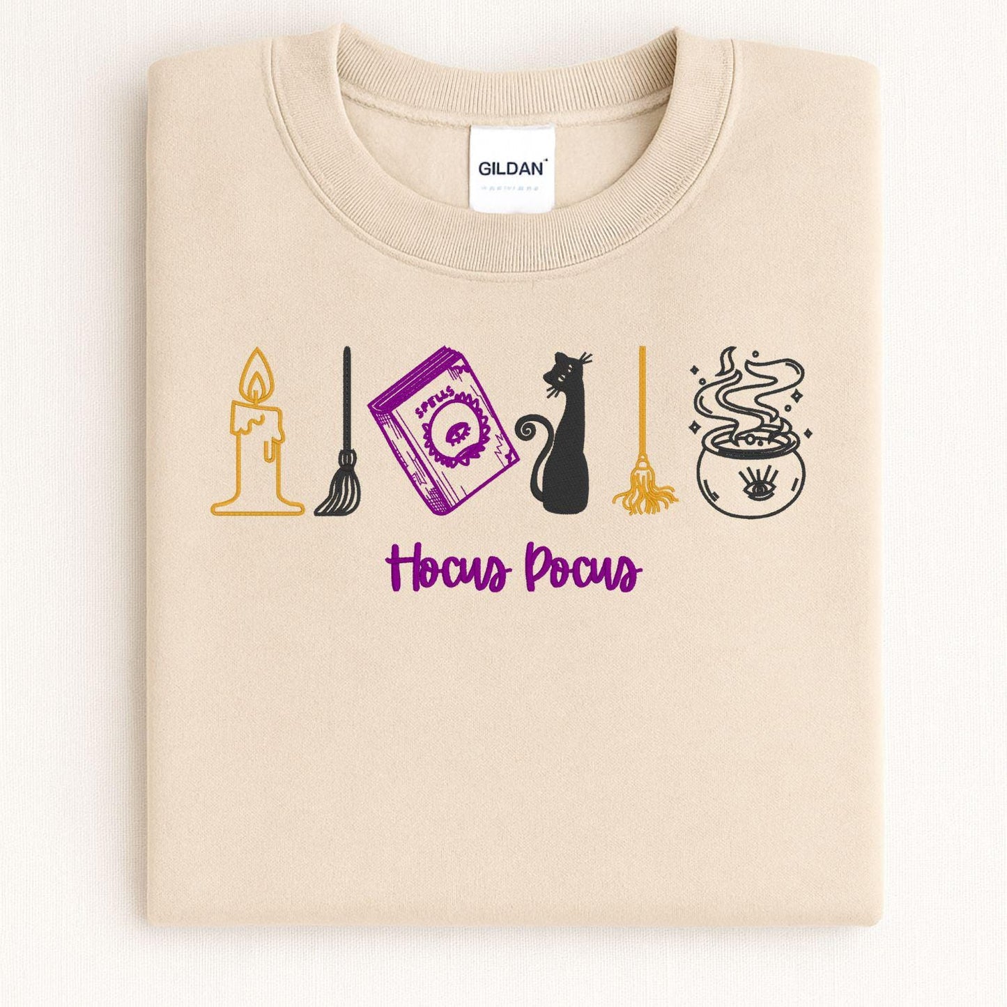 Cozy Autumn Witchy Embroidery Sweatshirt | Fall Pumpkin Candle Cat Cauldron Design | Spooky Season Pullover Halloween Shirt