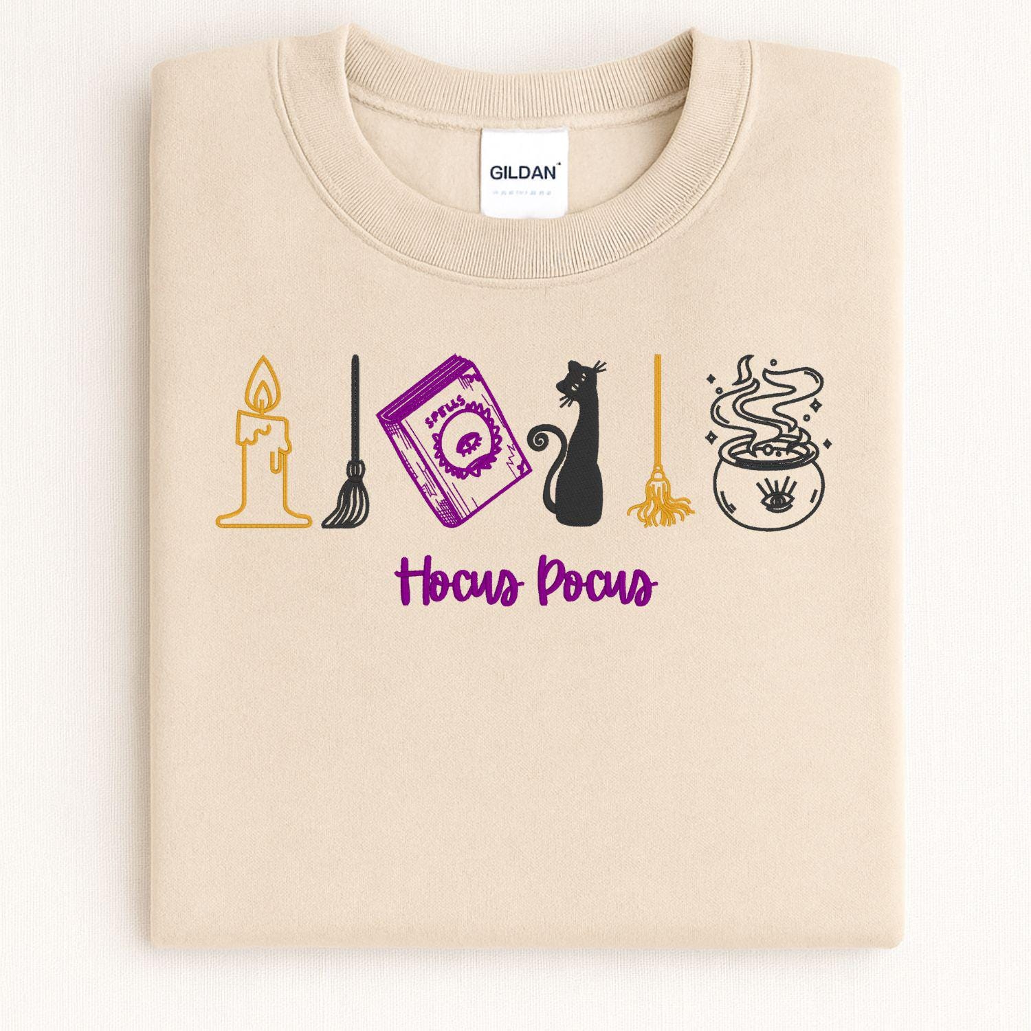 Cozy Autumn Witchy Embroidery Sweatshirt | Fall Pumpkin Candle Cat Cauldron Design | Spooky Season Pullover Halloween Shirt