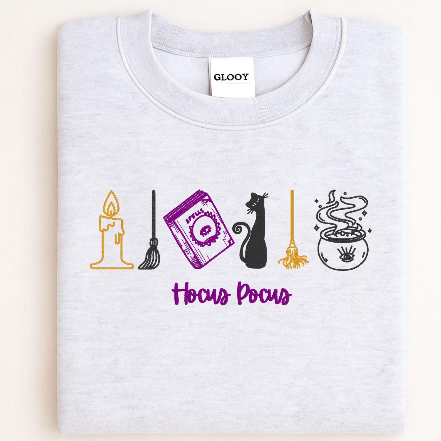 Cozy Autumn Witchy Embroidery Sweatshirt | Fall Pumpkin Candle Cat Cauldron Design | Spooky Season Pullover Halloween Shirt