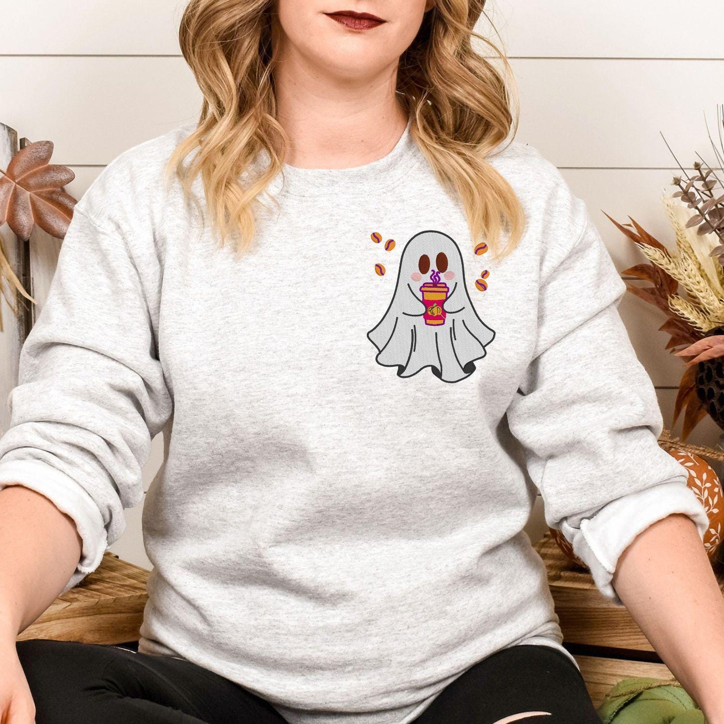 Cute Ghost Coffee Embroidery Sweatshirt | Cozy Autumn Fall Crewneck | Halloween Latte Lover Pullover | Spooky Season Gift for Her