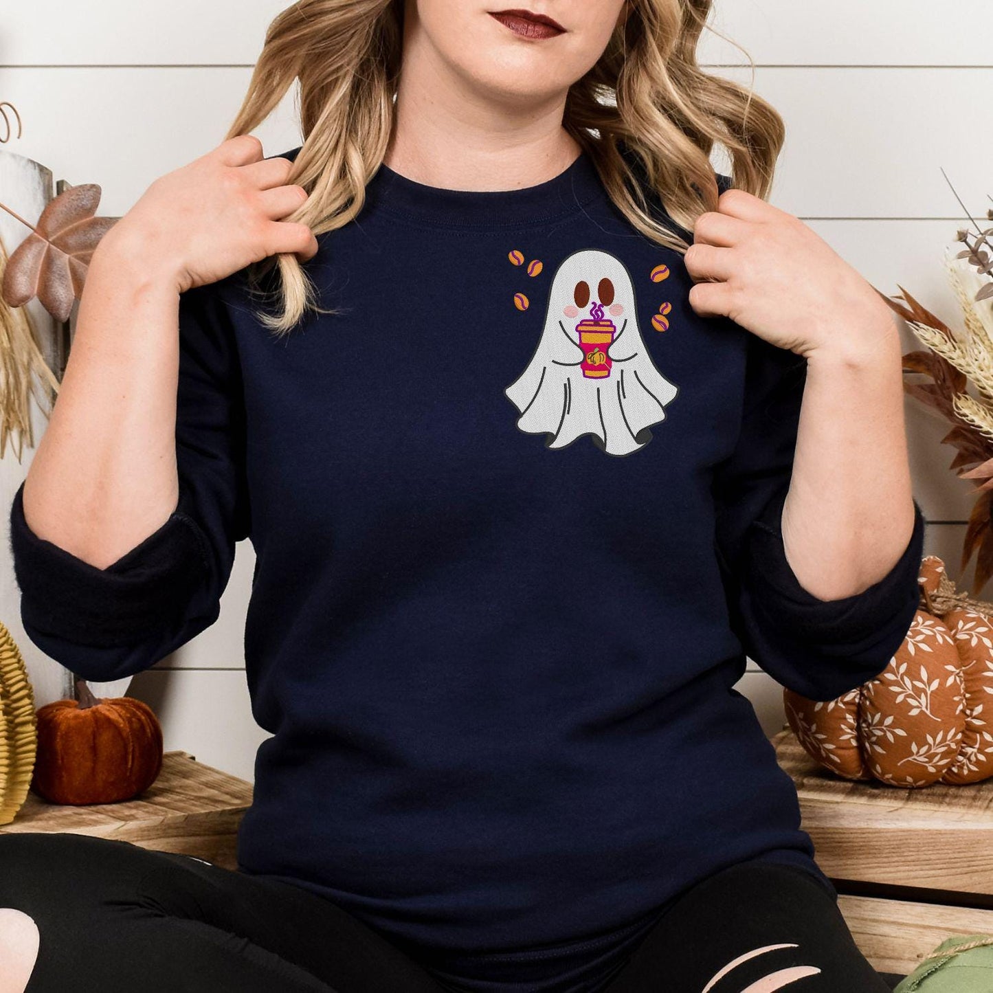 Cute Ghost Coffee Embroidery Sweatshirt | Cozy Autumn Fall Crewneck | Halloween Latte Lover Pullover | Spooky Season Gift for Her