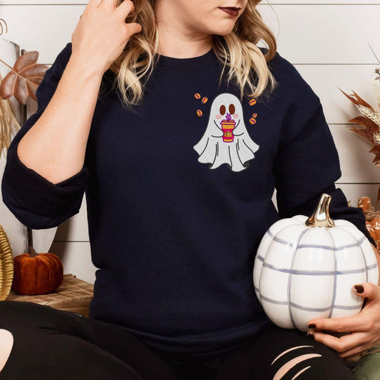 Cute Ghost Coffee Embroidery Sweatshirt | Cozy Autumn Fall Crewneck | Halloween Latte Lover Pullover | Spooky Season Gift for Her