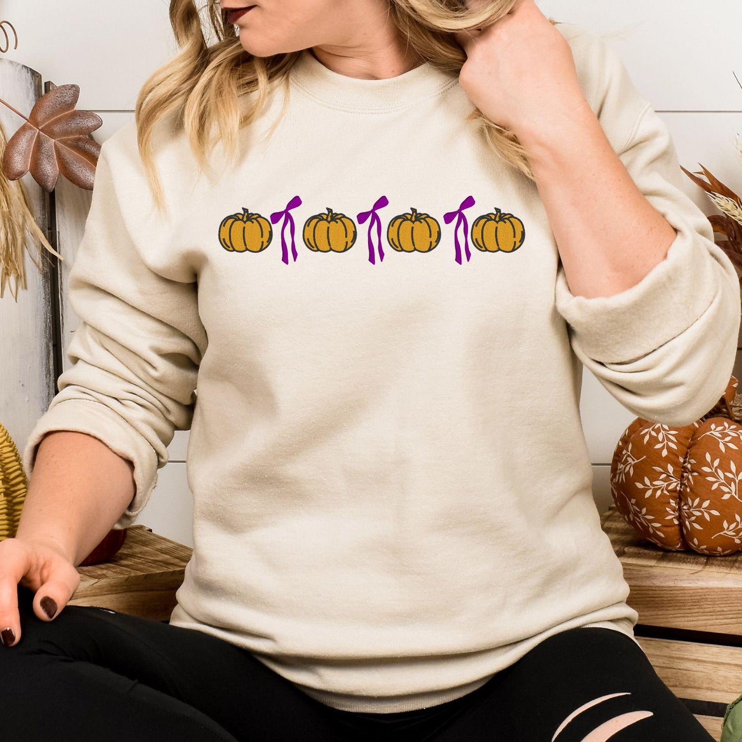 Cozy Pumpkin Bow Embroidery Sweatshirt | Fall Autumn Pullover | Cute Cozy Season Shirt | Pumpkin Lover Outfit | Harvest Aesthetic