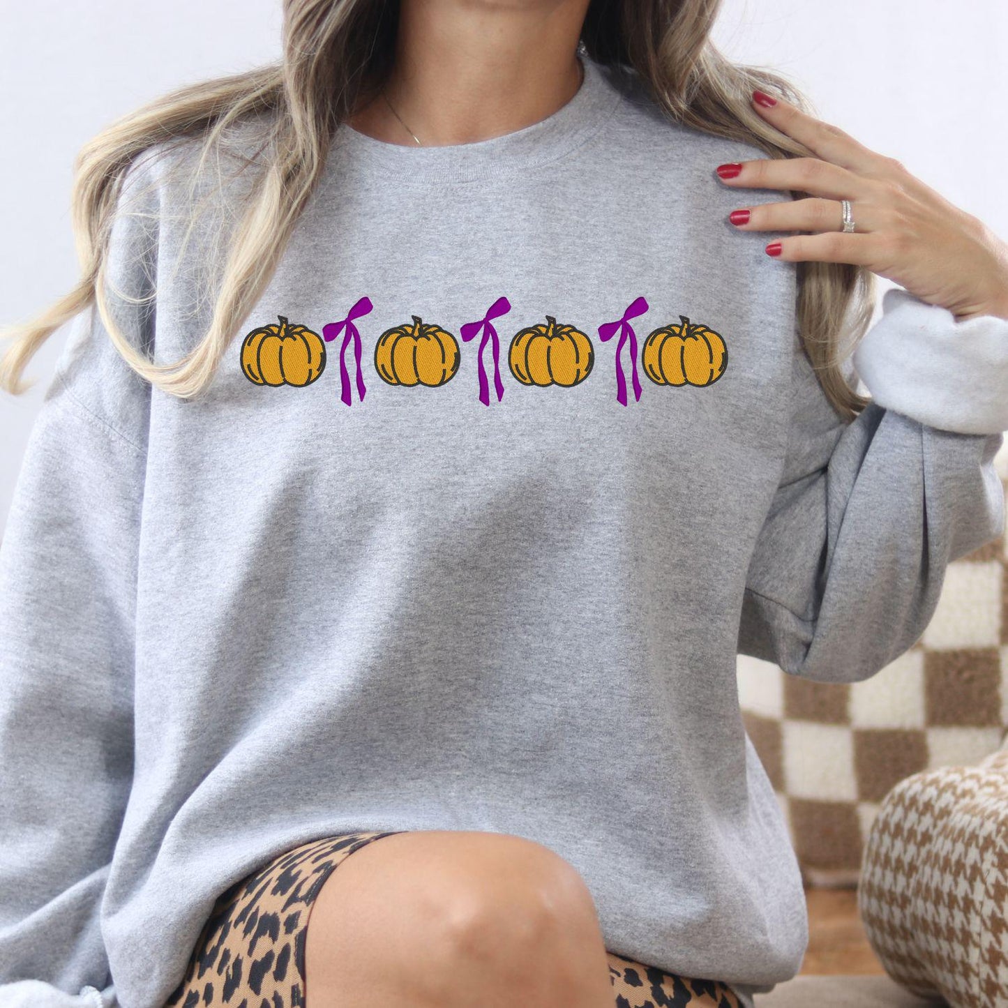 Cozy Pumpkin Bow Embroidery Sweatshirt | Fall Autumn Pullover | Cute Cozy Season Shirt | Pumpkin Lover Outfit | Harvest Aesthetic
