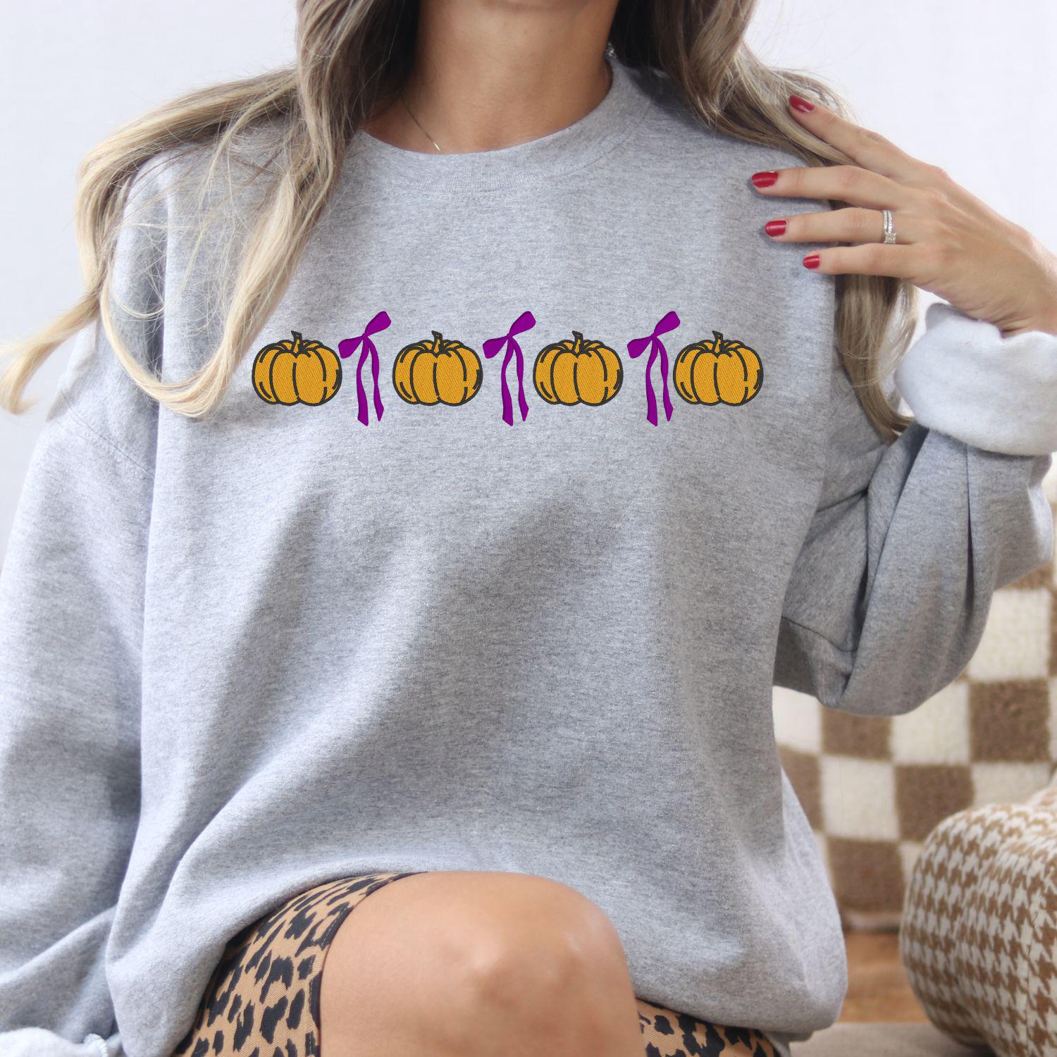 Cozy Pumpkin Bow Embroidery Sweatshirt | Fall Autumn Pullover | Cute Cozy Season Shirt | Pumpkin Lover Outfit | Harvest Aesthetic