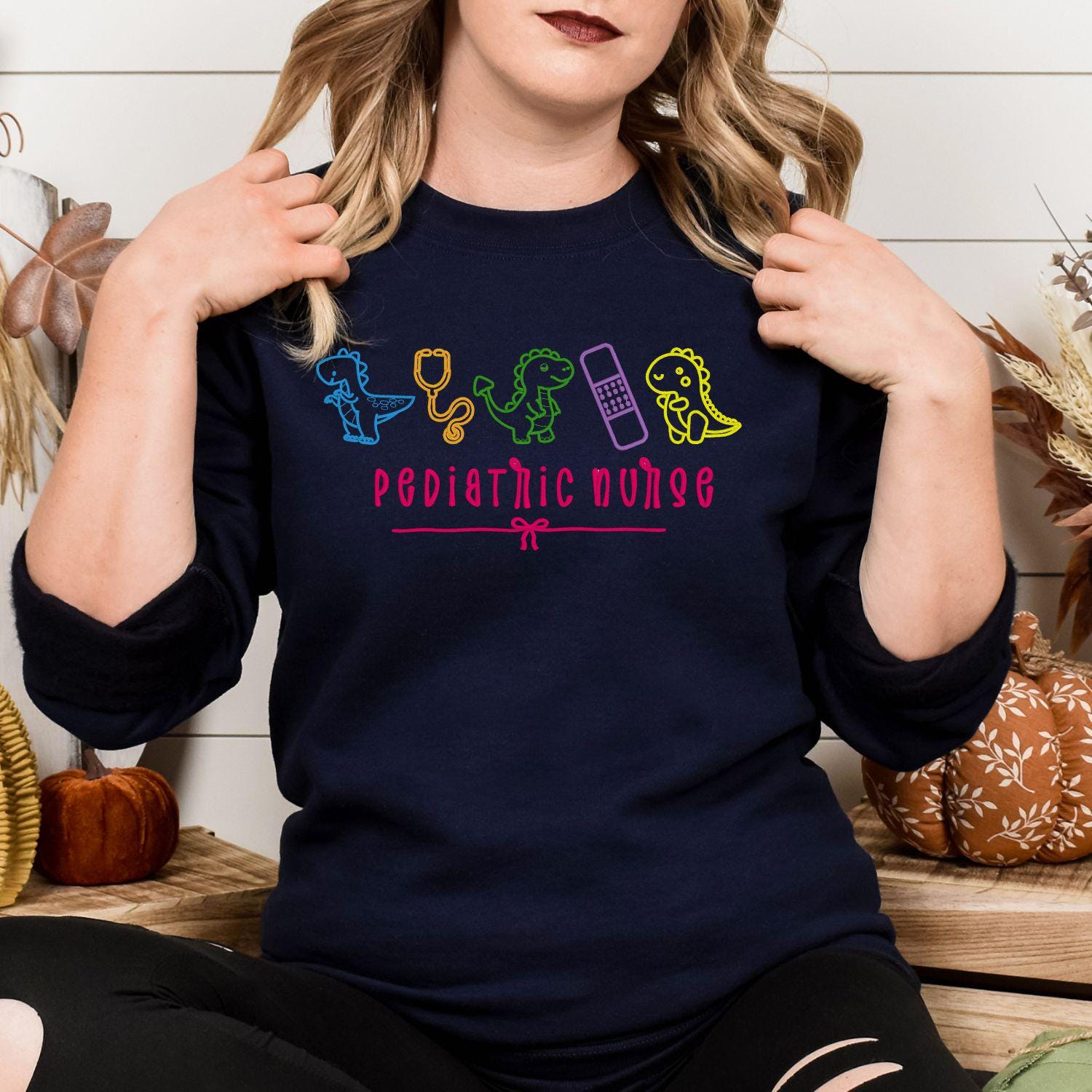 Pediatric Nurse Dinosaur Embroidery Sweatshirt – Cute Dino Medical Crewneck – Nurse Appreciation Gift – Colorful Stethoscope Design