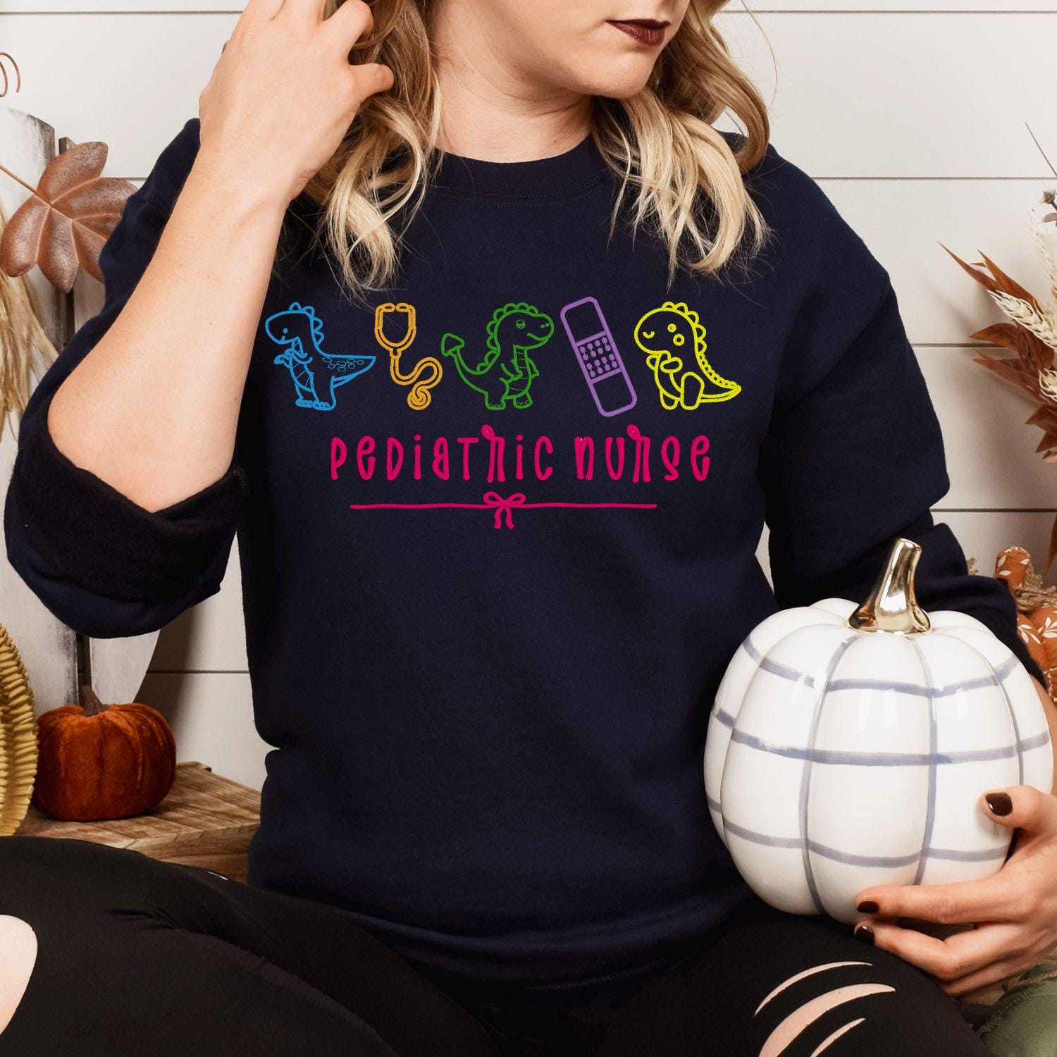 Pediatric Nurse Dinosaur Embroidery Sweatshirt – Cute Dino Medical Crewneck – Nurse Appreciation Gift – Colorful Stethoscope Design