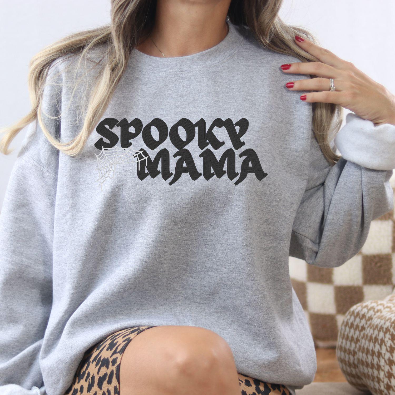 Spooky Mama Embroidery Sweatshirt | Halloween Fall Sweatshirt | Gothic Spiderweb Sweater | Cozy Seasonal Embroidered Shirt