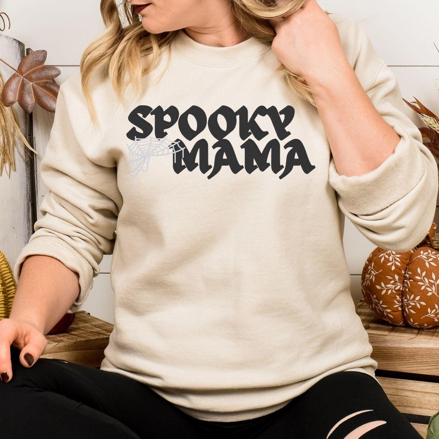 Spooky Mama Embroidery Sweatshirt | Halloween Fall Sweatshirt | Gothic Spiderweb Sweater | Cozy Seasonal Embroidered Shirt
