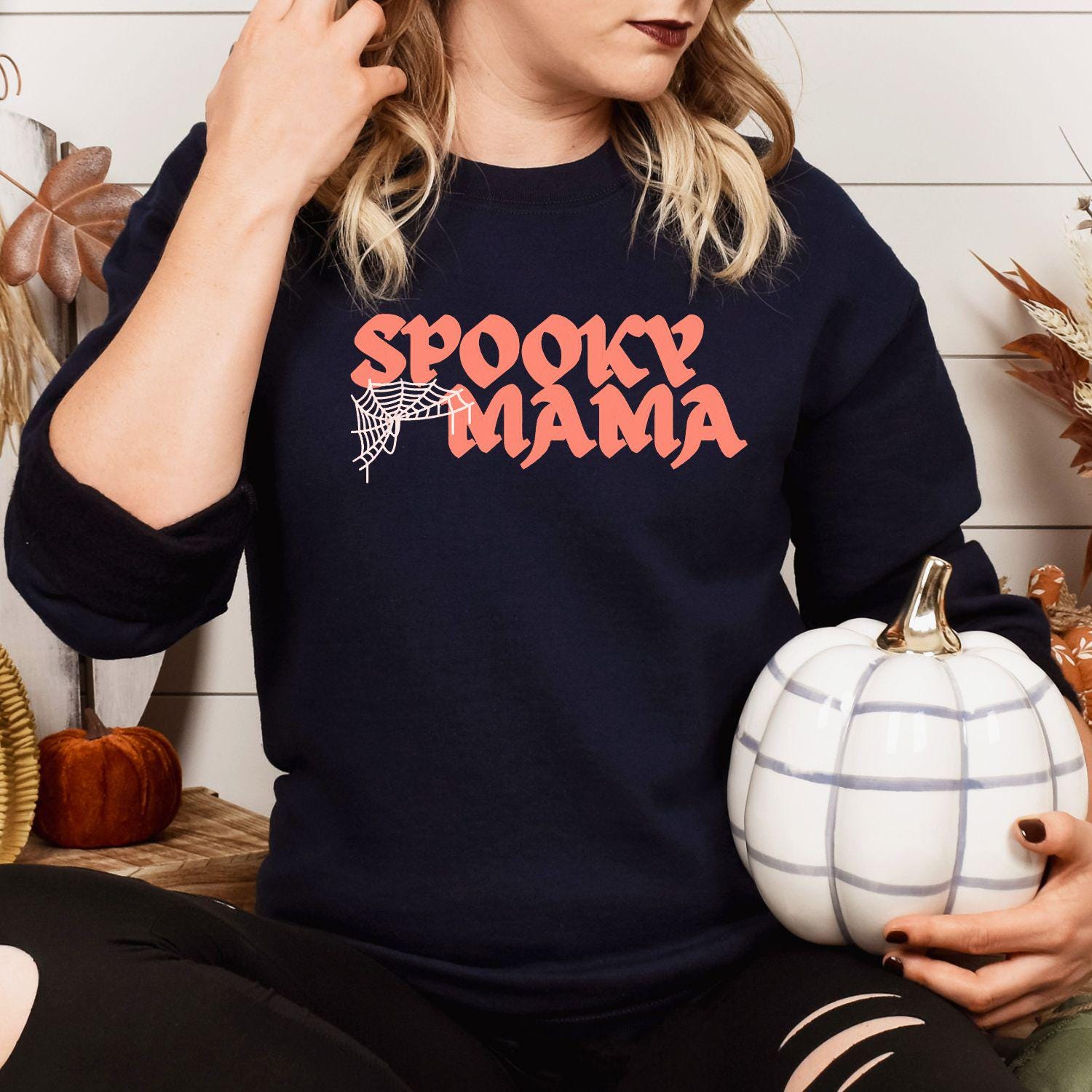 Spooky Mama Embroidery Sweatshirt | Halloween Fall Sweatshirt | Gothic Spiderweb Sweater | Cozy Seasonal Embroidered Shirt