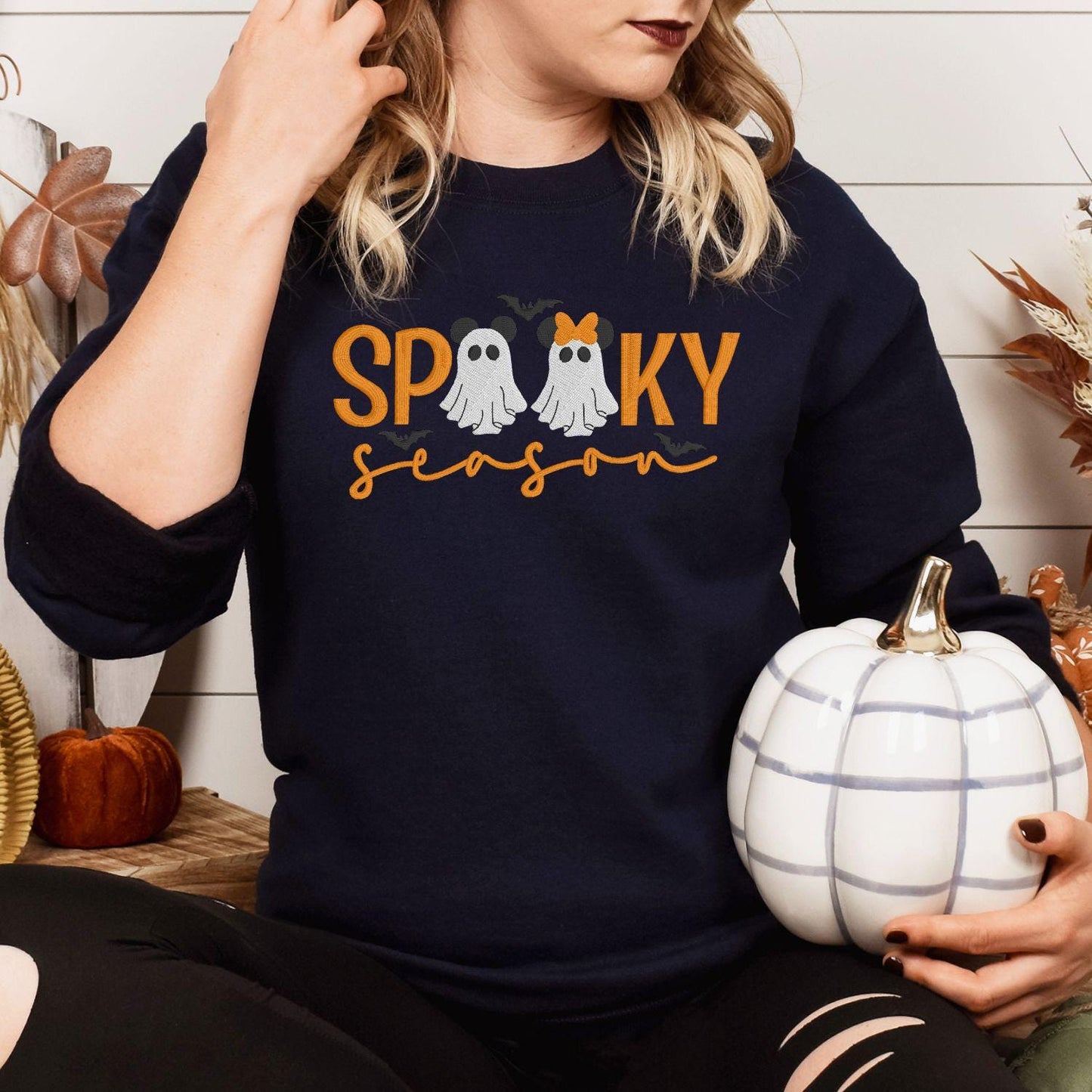Spooky Season Ghost Embroidery Sweatshirt | Cute Halloween Fall Shirt | Cozy Autumn Pullover with Ghosts and Bows | Gift for Her