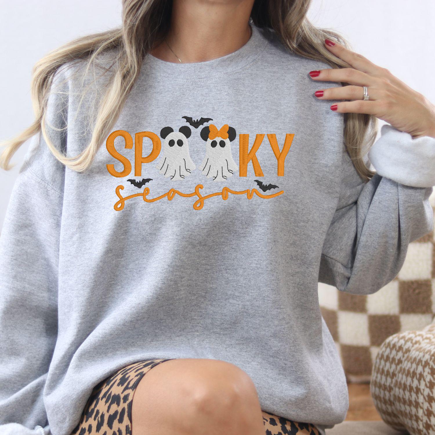 Spooky Season Ghost Embroidery Sweatshirt | Cute Halloween Fall Shirt | Cozy Autumn Pullover with Ghosts and Bows | Gift for Her