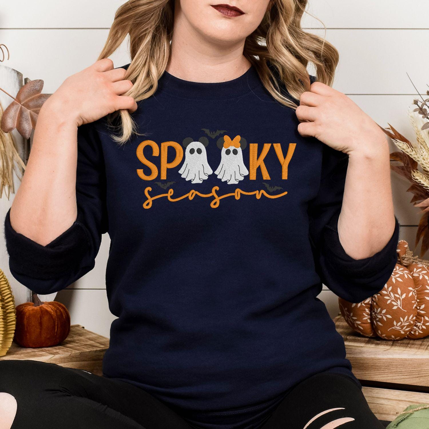 Spooky Season Ghost Embroidery Sweatshirt | Cute Halloween Fall Shirt | Cozy Autumn Pullover with Ghosts and Bows | Gift for Her