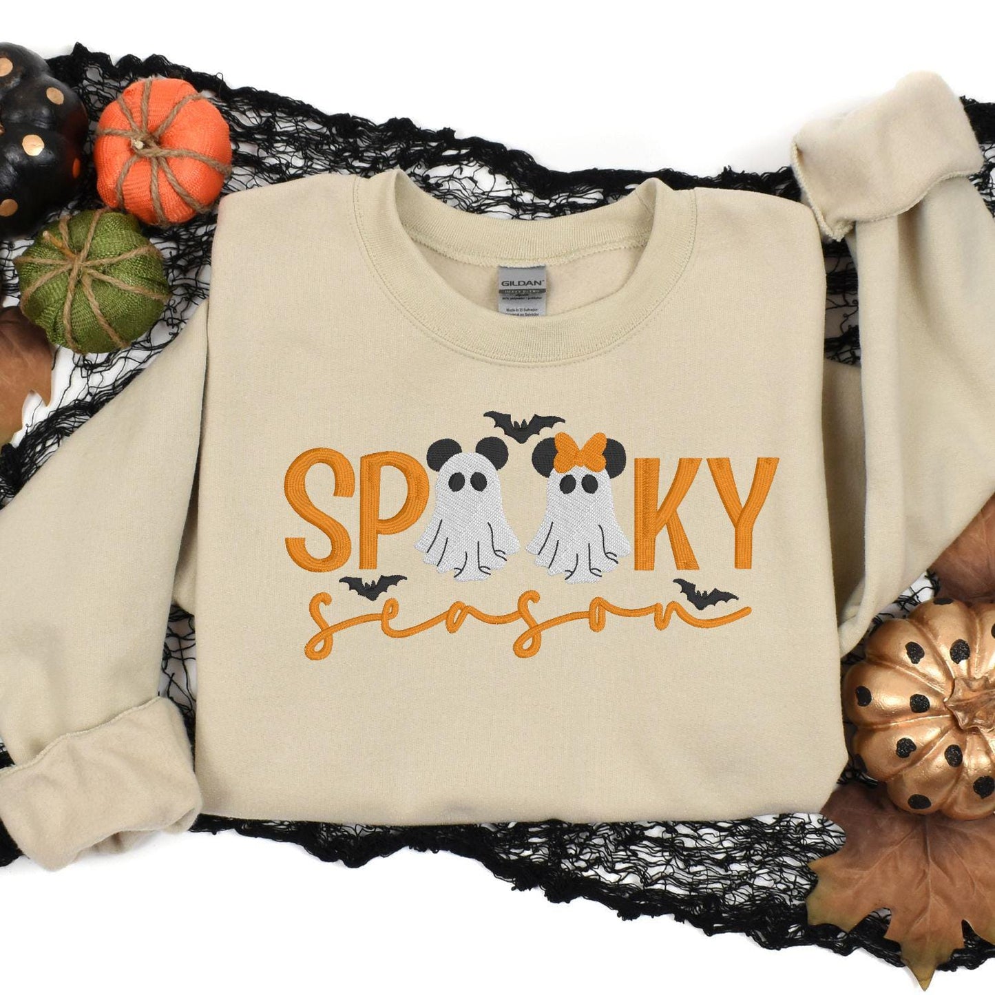 Spooky Season Ghost Embroidery Sweatshirt | Cute Halloween Fall Shirt | Cozy Autumn Pullover with Ghosts and Bows | Gift for Her