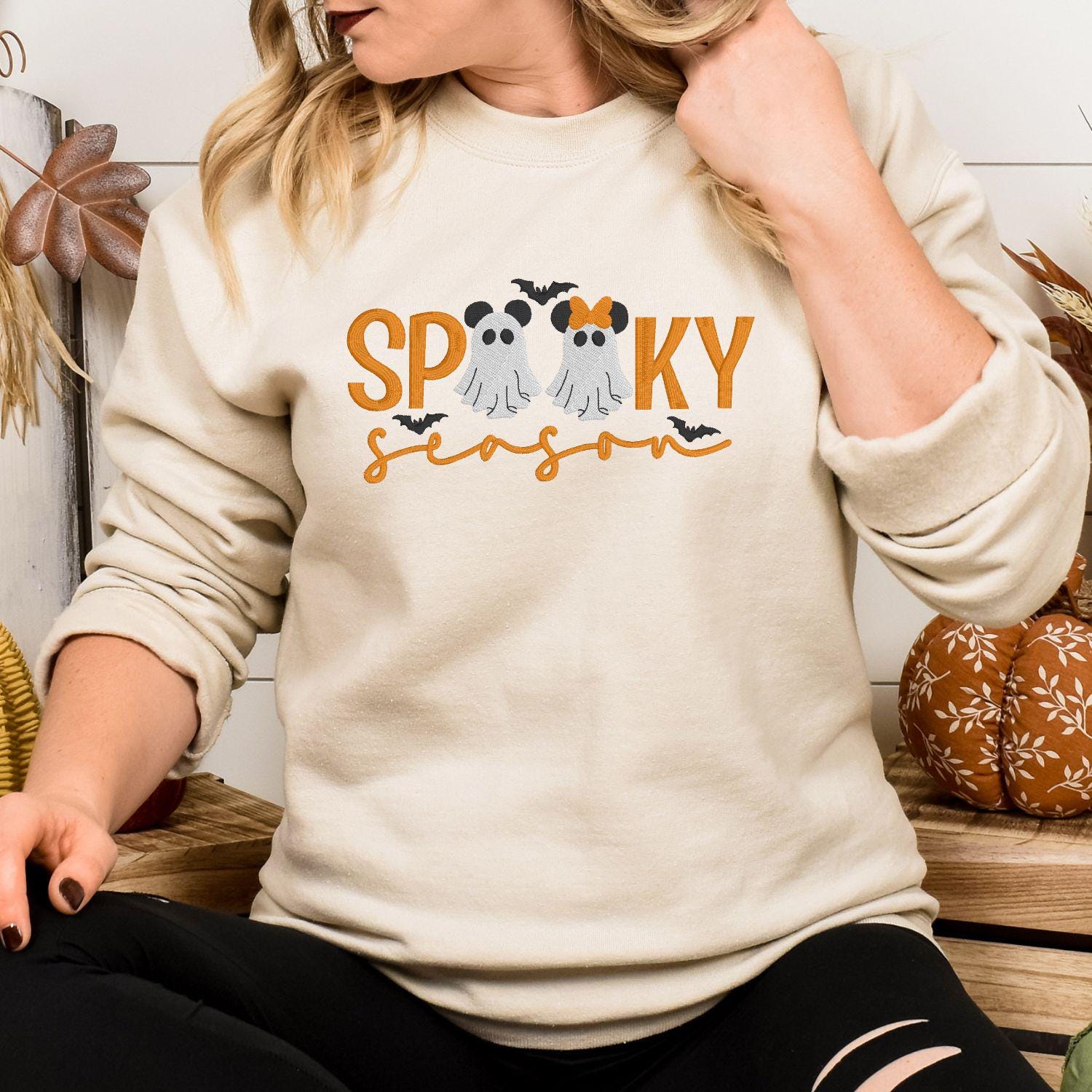 Spooky Season Ghost Embroidery Sweatshirt | Cute Halloween Fall Shirt | Cozy Autumn Pullover with Ghosts and Bows | Gift for Her