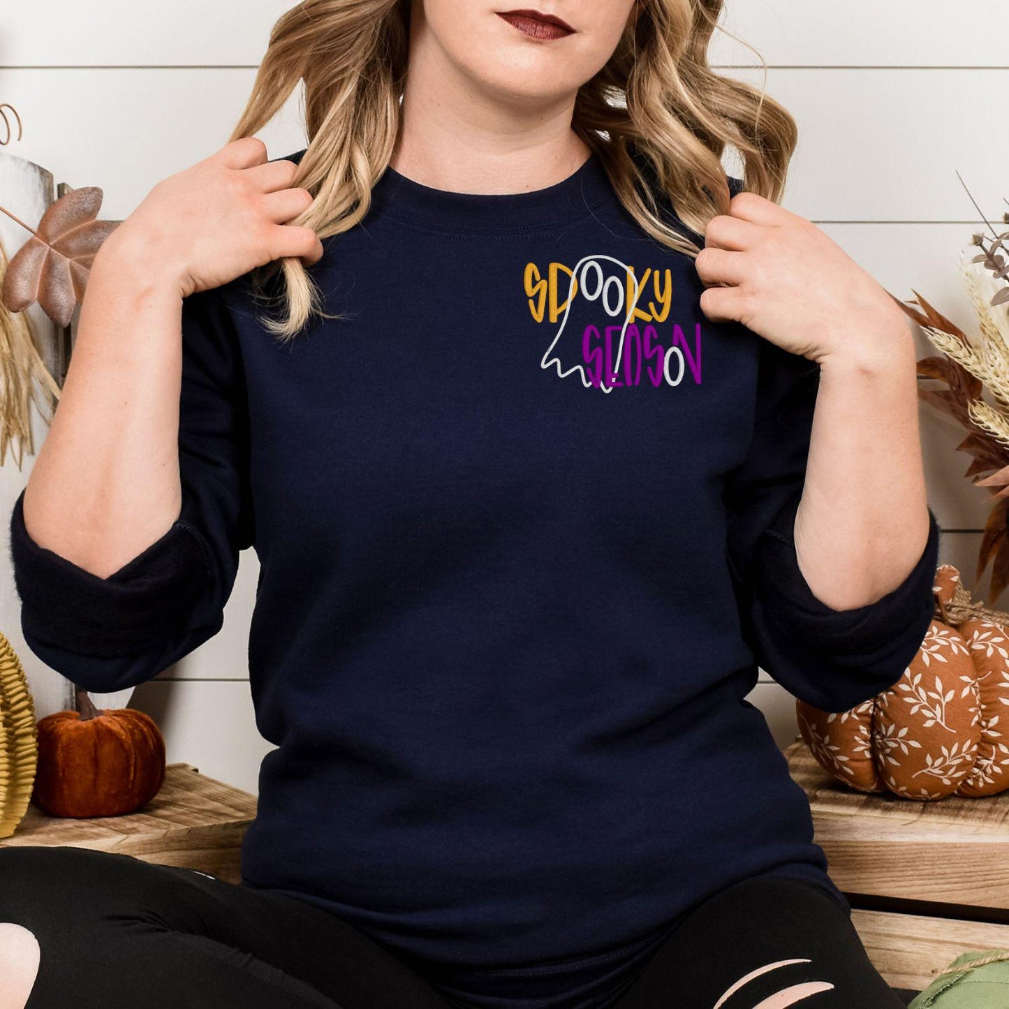 Spooky Season Ghost Embroidery Sweatshirt | Fall Halloween Pullover | Cozy Autumn Crewneck | Cute Boho Spooky Vibes Shirt