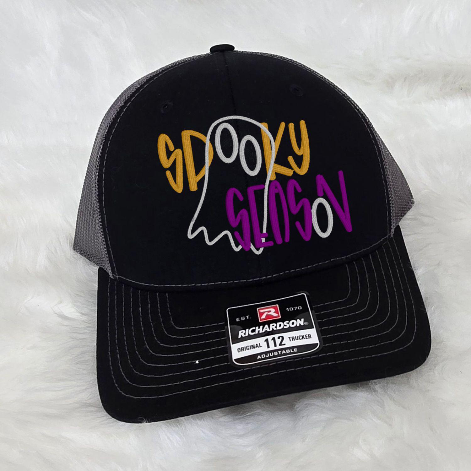 Spooky Season Trucker Hat Embroidered Ghost Design | Halloween Mesh Back Cap | Fall Aesthetic Hat for Autumn Outfits & Costume Looks