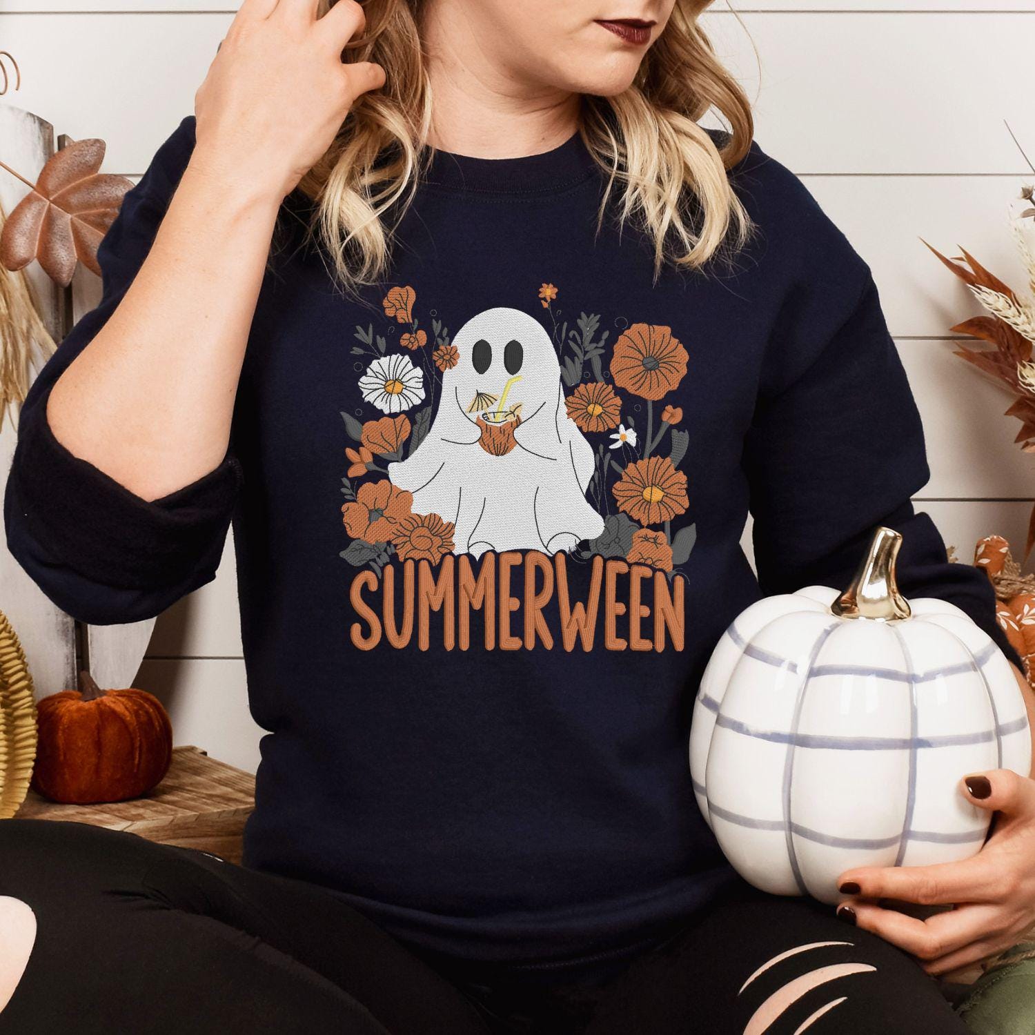 Summerween Ghost Embroidery Sweatshirt | Cute Floral Halloween Fall Shirt | Cozy Autumn Pullover | Spooky Season Pumpkin Lover Top