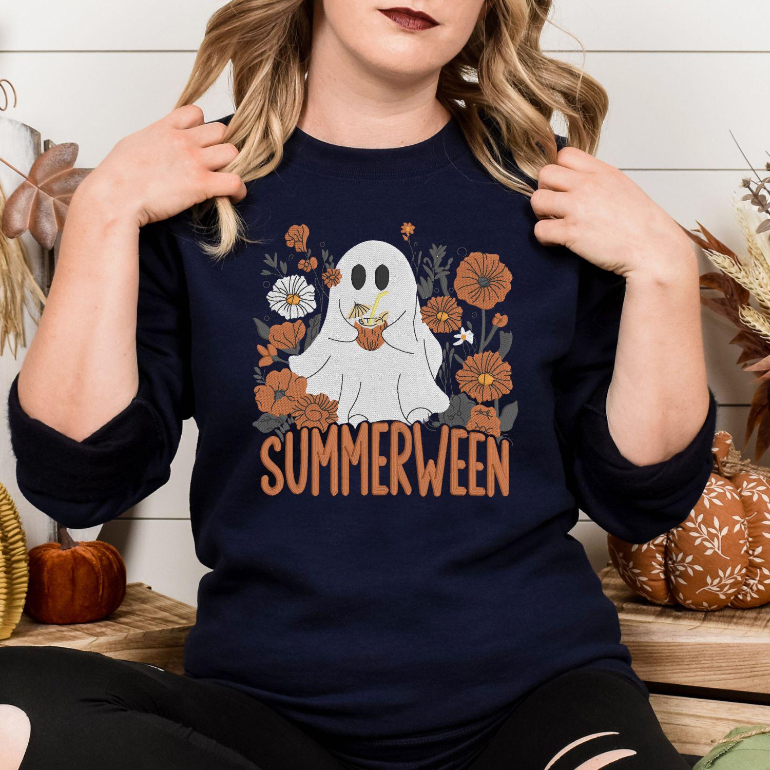 Summerween Ghost Embroidery Sweatshirt | Cute Floral Halloween Fall Shirt | Cozy Autumn Pullover | Spooky Season Pumpkin Lover Top