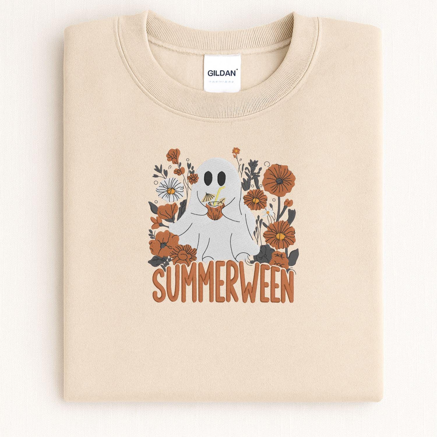 Summerween Ghost Embroidery Sweatshirt | Cute Floral Halloween Fall Shirt | Cozy Autumn Pullover | Spooky Season Pumpkin Lover Top