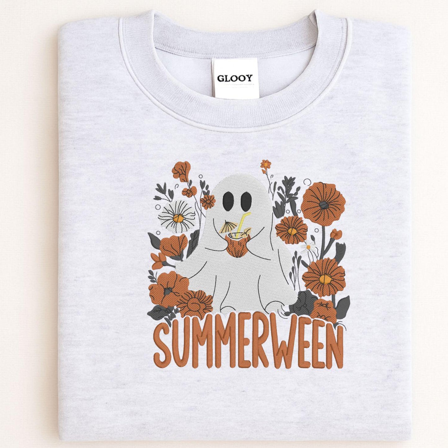 Summerween Ghost Embroidery Sweatshirt | Cute Floral Halloween Fall Shirt | Cozy Autumn Pullover | Spooky Season Pumpkin Lover Top