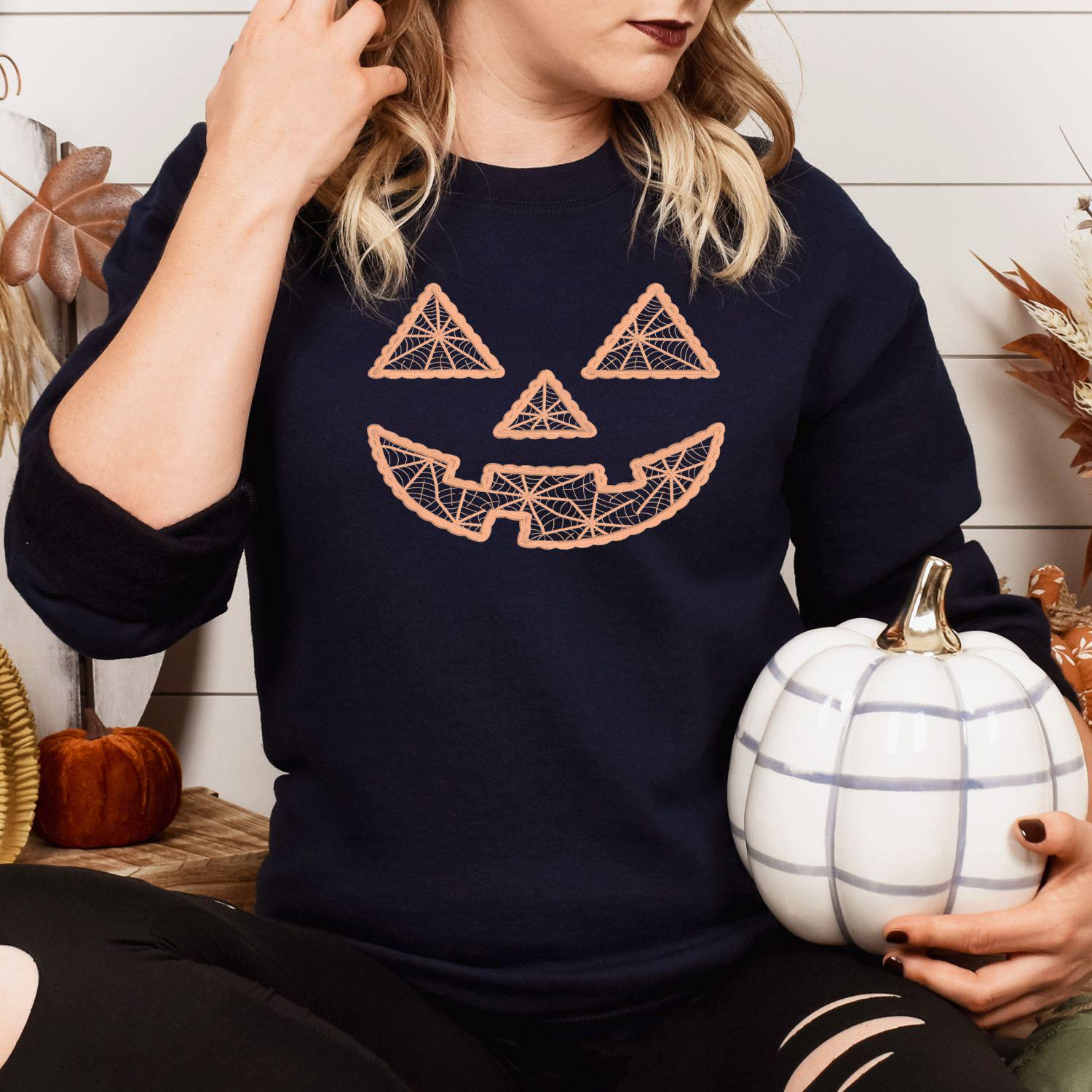 Fall Pumpkin Face Embroidery Sweatshirt • Cozy Autumn Jack O Lantern Crewneck • Halloween Pumpkin Stitch Shirt • Fall Season Top