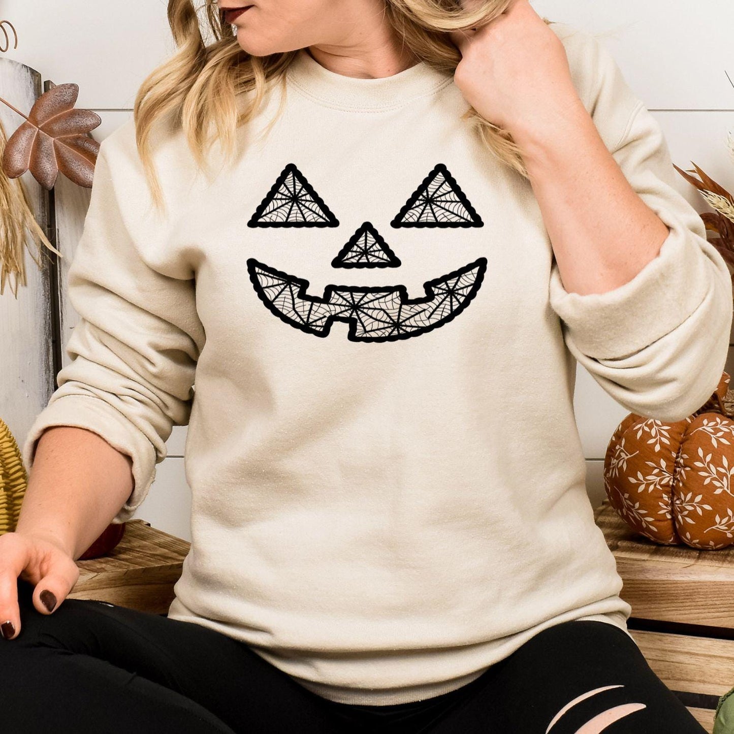 Fall Pumpkin Face Embroidery Sweatshirt • Cozy Autumn Jack O Lantern Crewneck • Halloween Pumpkin Stitch Shirt • Fall Season Top