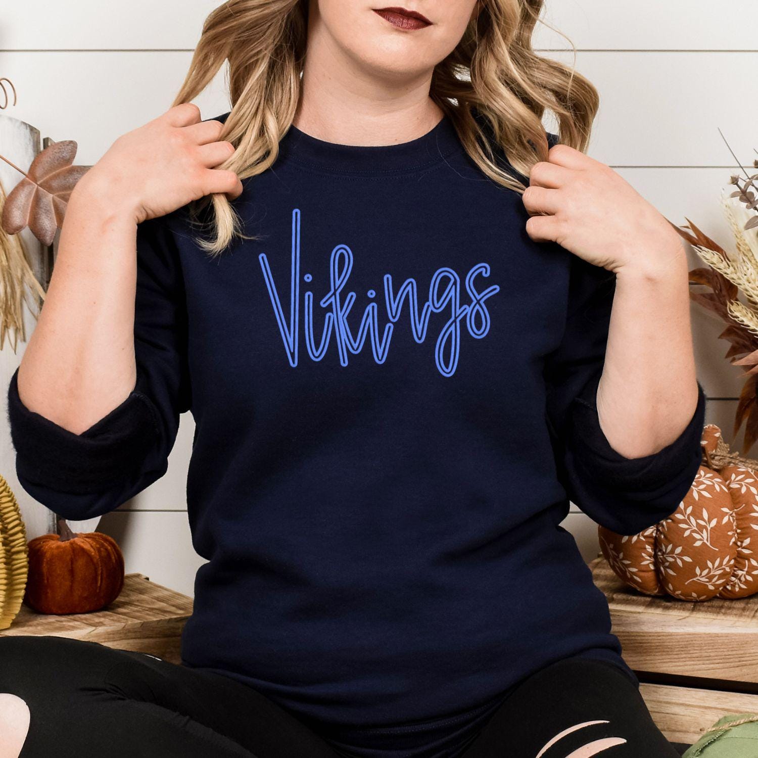 Vikings Game Day Puff Embroidery Sweatshirt | Custom Team Spirit Pullover with Bow | School Pride Cozy Football Game Day Crewneck Top